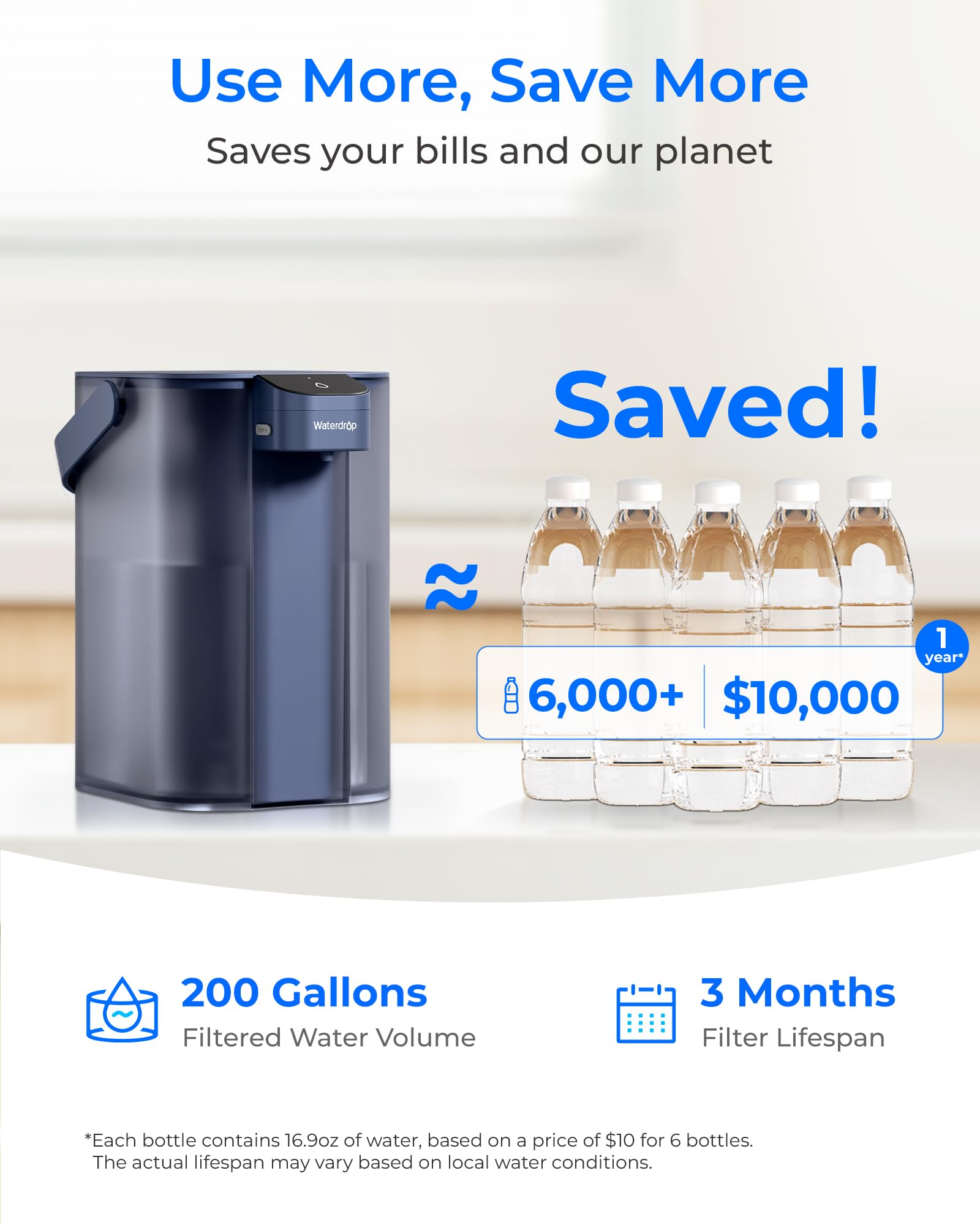 Waterdrop Pichet à eau électrique à action instantanée et filtre de 3 mois - Système de filtration d'eau de 3,5 l - Réduit 98 % de chlore et plus de 20 impuretés - Bleu