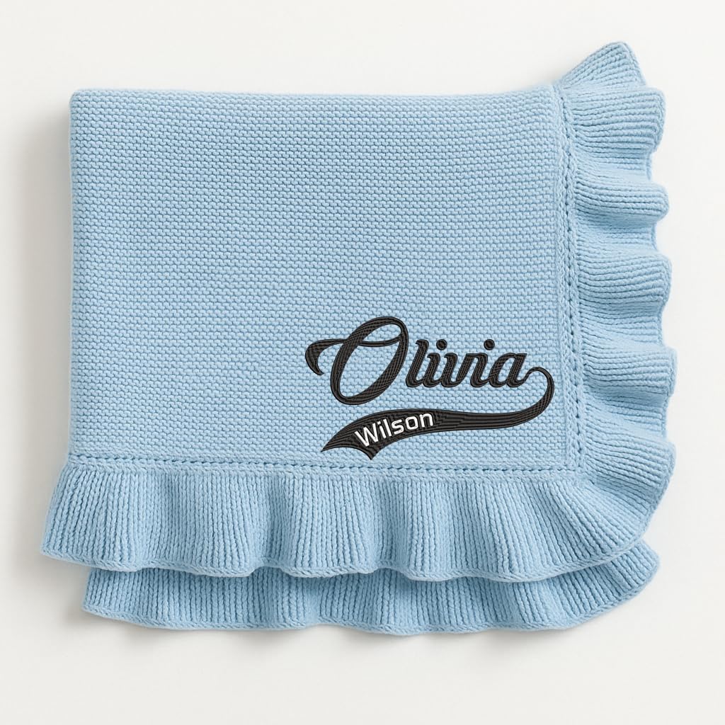 Luxury Personalized Baby Blanket with Name, Custom Embroidered Knit Blanket for Newborn Boys & Girls, Soft Cotton Ruffle Edge Swaddle, Unique Baby Blankets, Keepsake for Crib, Stroller