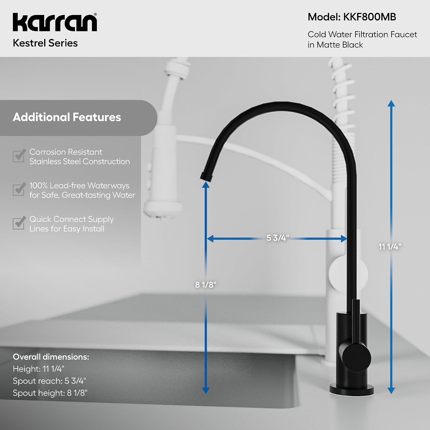 Karran Kestrel Single-Handle Filtered Water Faucet in Matte Black 100% Lead-Free Brass, RO/Filtration System Ready, 360° High-Arc Spout, Spot-Free Finish Beverage Faucet (Matte Black)