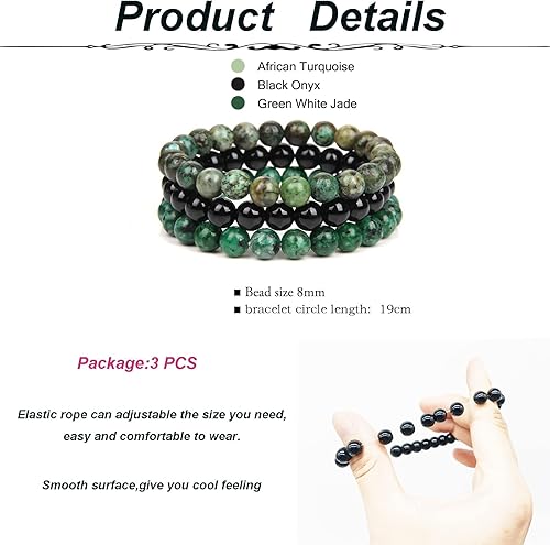 Miniatura 4 de SONNYX 3 pulseras de cuentas de piedras semipreciosas de 0.315 pulgadas para mujeres y hombres, pulseras elásticas elásticas redondas con cuentas