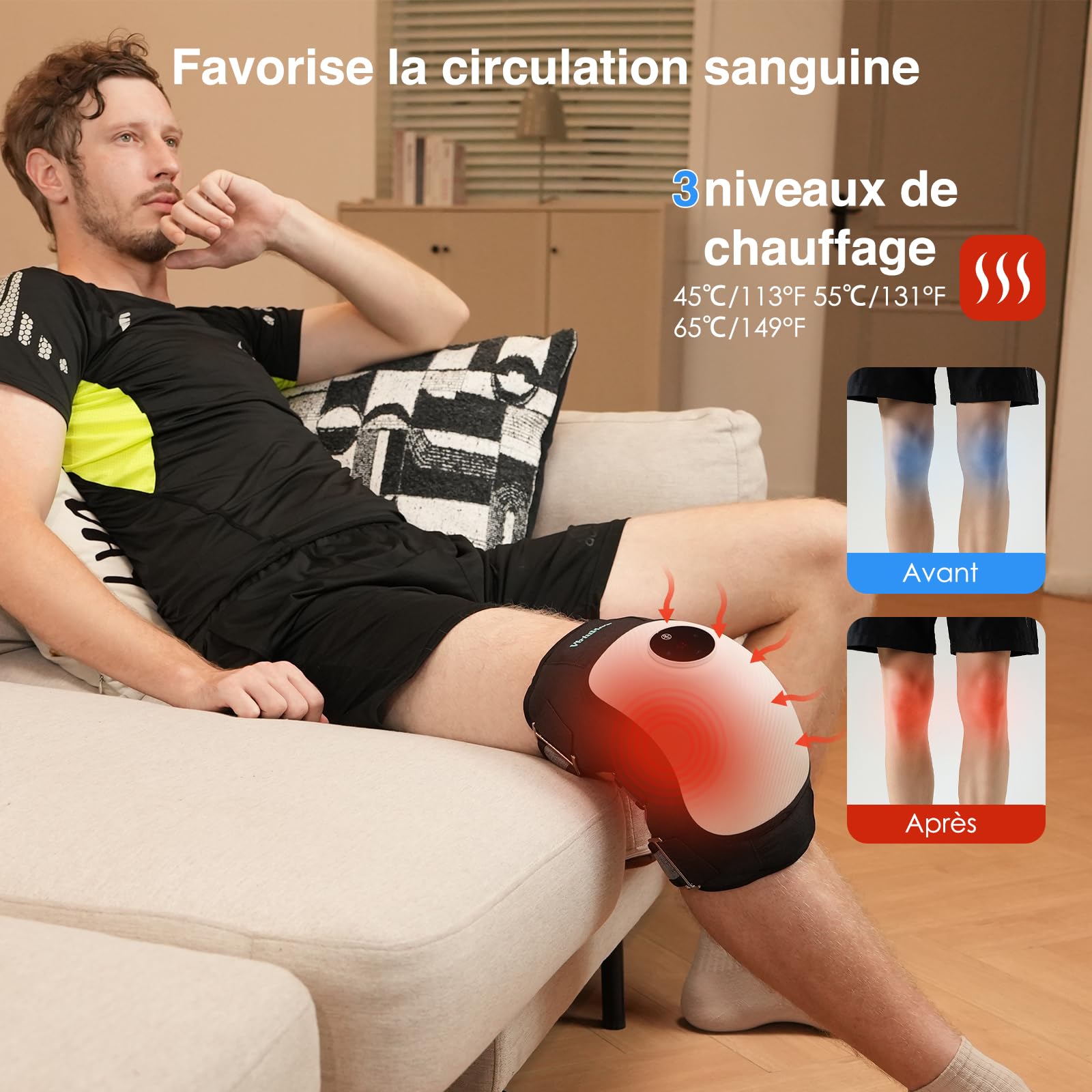 Masseur électrique de genou pour la relaxation, coussin chauffant avec 3 modes de vibration, genouillère chauffante, batterie haute capacité de 5000 mAh, masseur sans fil et portable, cadeau pour