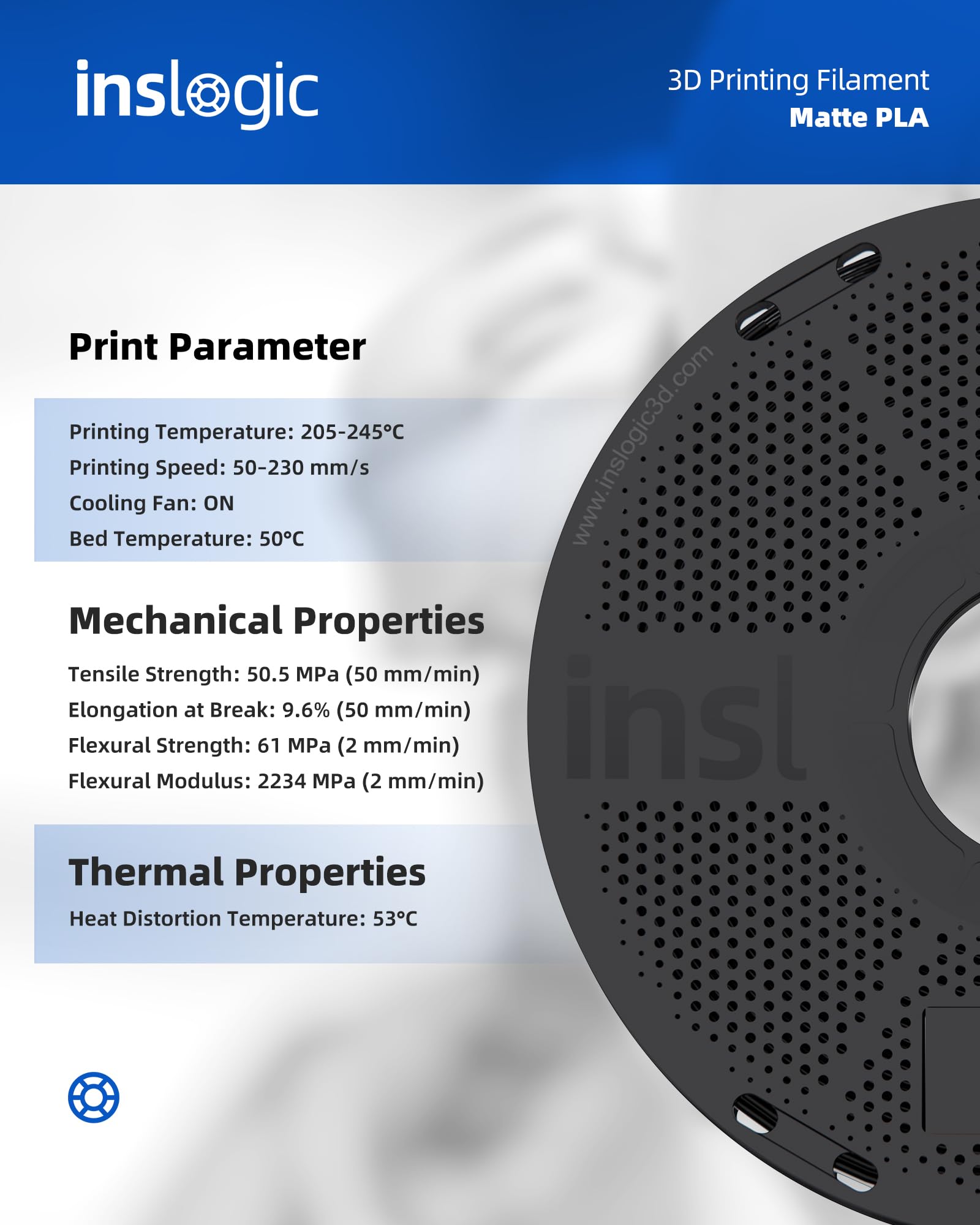 Inslogic Matte PLA Filament 1.75mm 3D Druckfilament, 5kg Bundle Mattes PLA Nachfüllpack, Maßhaltigkeit +/-0.02mm, Kompatibel mit den meisten FDM 3D Drucker (Schwarz+Weiß+Grau+Rot+Blau)