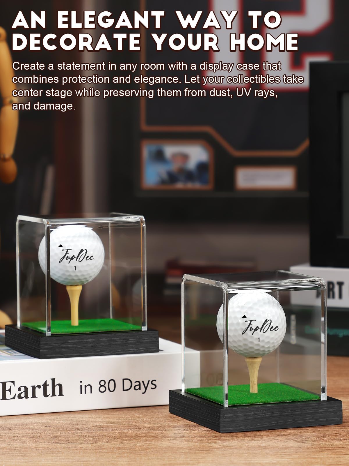 JupDec Vitrina para pelotas de golf, acrílico transparente, soporte de cubo con base de madera y camiseta, caja de almacenamiento transparente con protección contra el polvo para colecciones de