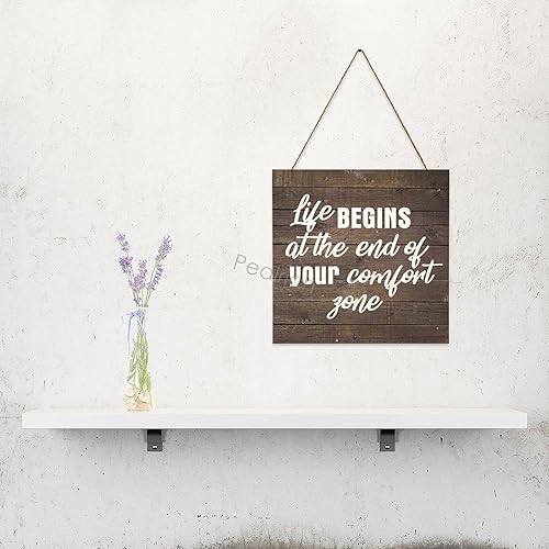 Miniatura 4 de PEALRICH Letrero colgante de madera con cita motivacional "Life Begins At The End Of Your Comfort Zone", placa artística para decoración de pared