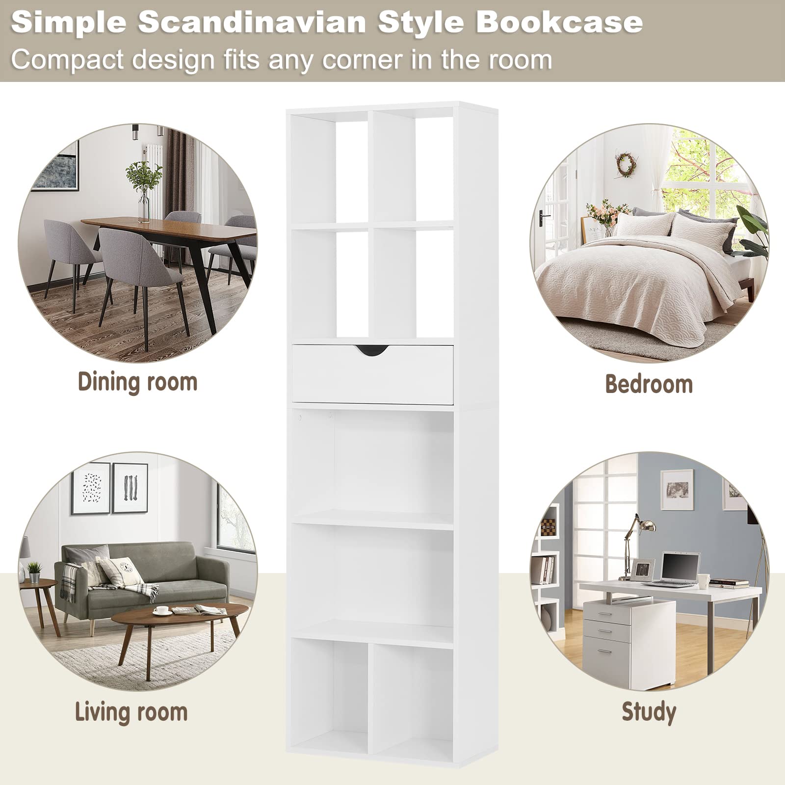 EUGAD Libreria Blanca con Cajón y Cubos Abiertos, Estanteria de Almacenamiento para Libros, Marcos de Fotos y Colecciones, de 6 Niveles para Salón, Dormitorio y Oficina, 50x24x168 cm