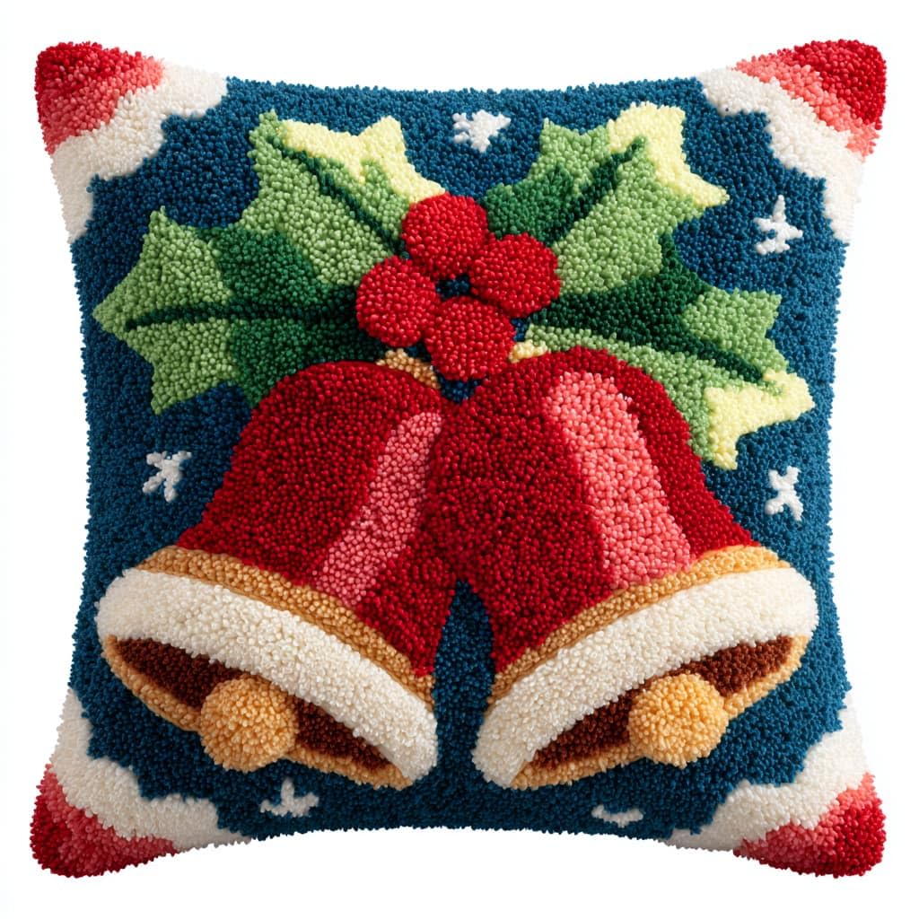 Taxpy Latch Hook Kits, Christmas Bells Pillow for Pillow Pre-Printed Patterns Pillowcase Needlework Crochet Yarns Latch Hooking Cushion 17x17inch