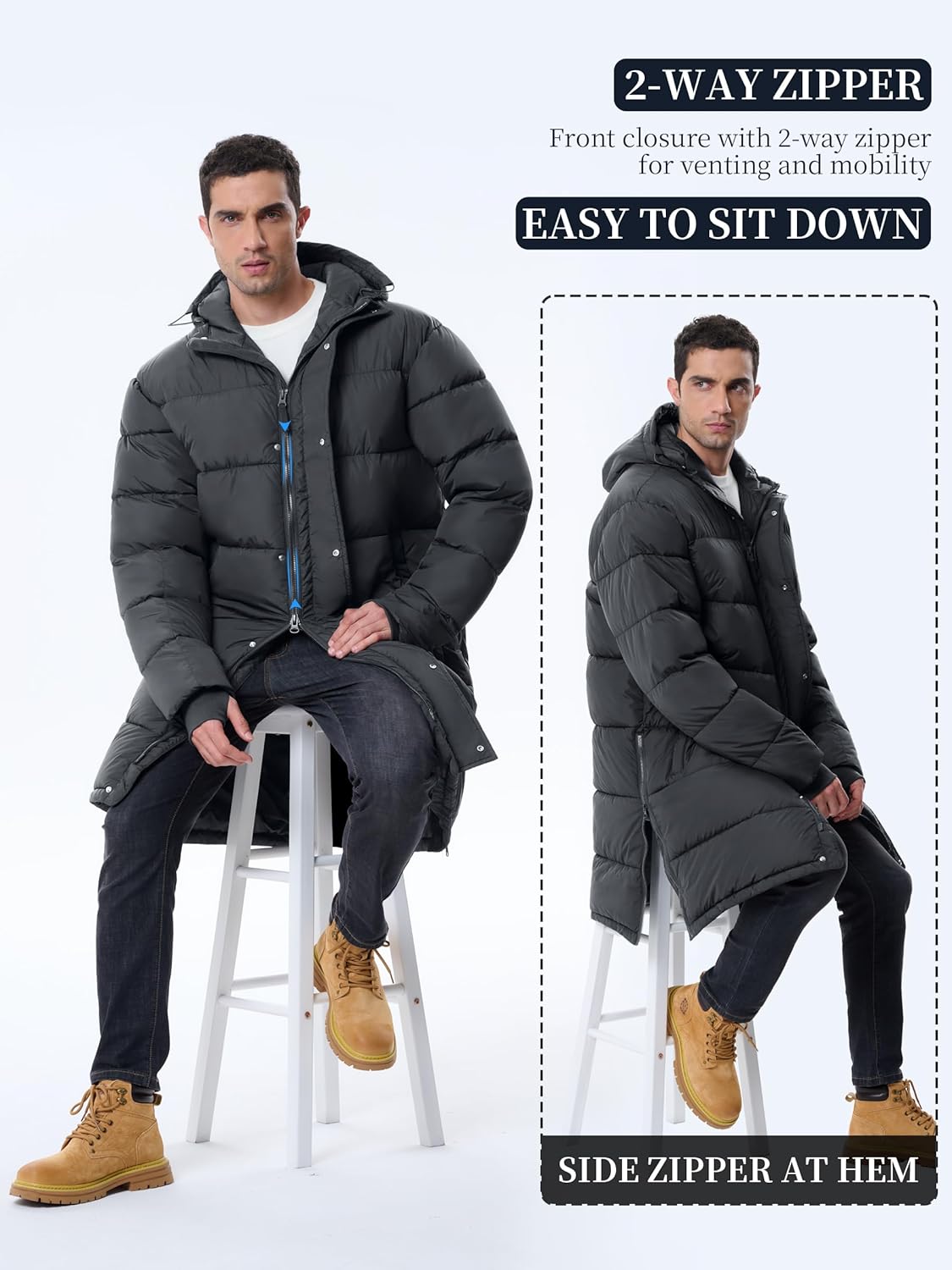 Mens Long Winter Coats Lightweight Puffer Jacket Warm Insulated Waterproof Winter Jacket With Hooded - Image 6