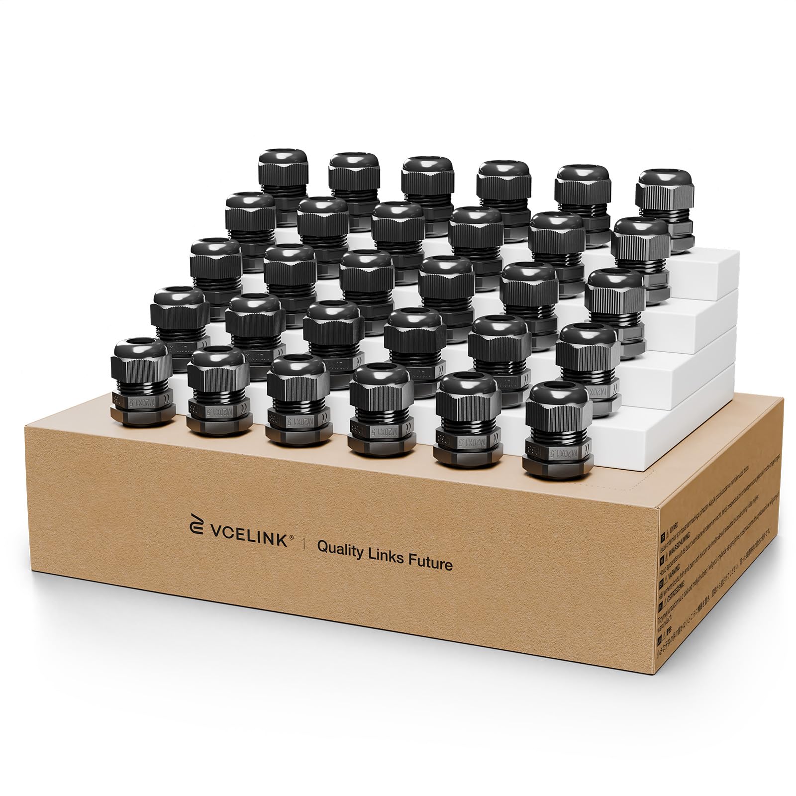 VCELINK 30PCS M20 20mm ×1.5 IP68 Waterproof Cable Glands, Nylon Cord Connectors, Wire Entry for Outdoor Wiring, Strain Relief Wire Grommets, Suitable for 6mm - 12mm Cables, Black