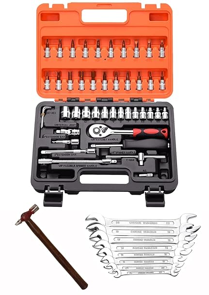 Digital Craft Multifunction Hand Tool Kit Car Ratchet Wrench Assembly Tool Household Repair Tools Automotive Set 46PC Socket Set,8Pc Double Open Spanner Set,Hammer 200 gm,