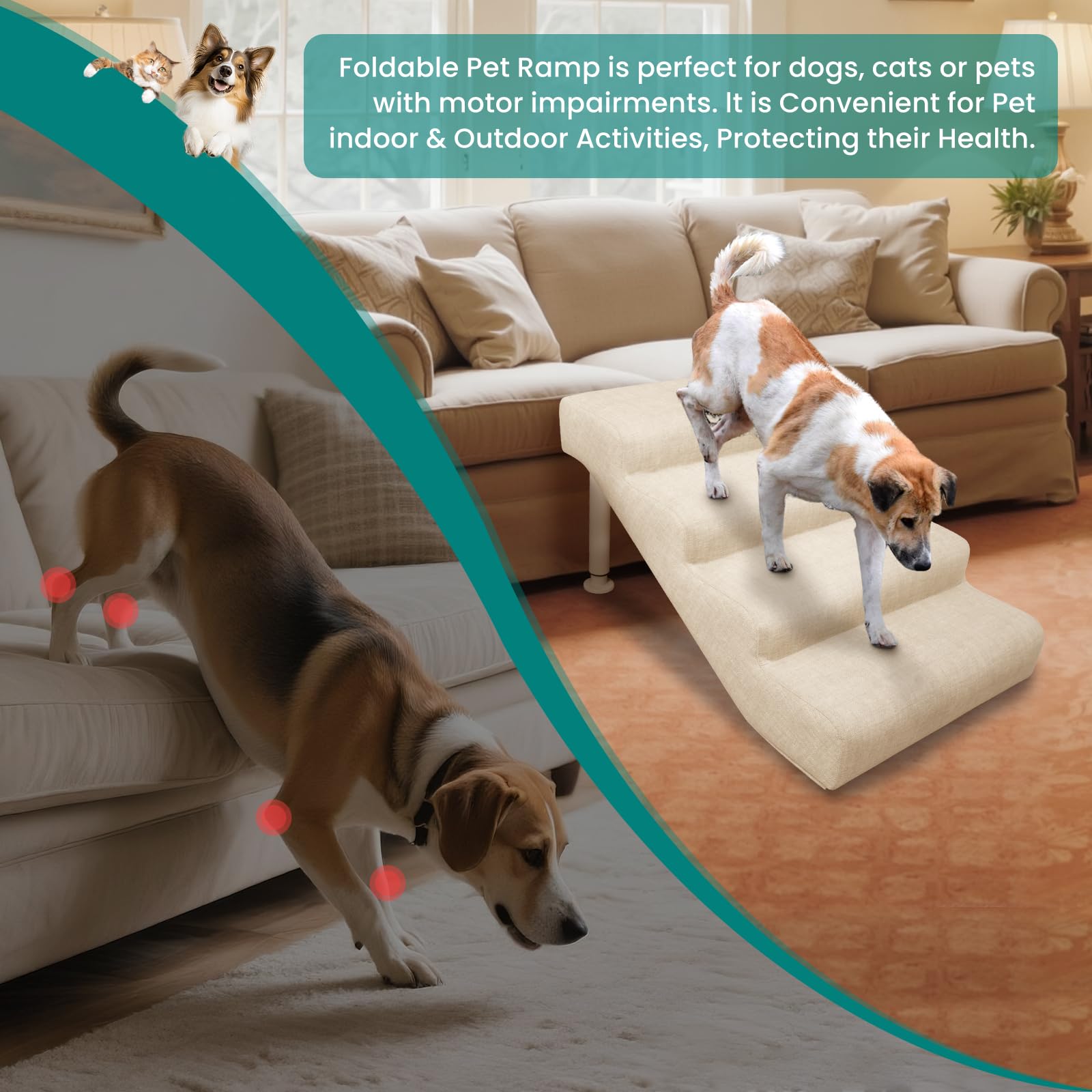 Hundetreppe rutschfeste Hunderampe Weiche Haustiertreppe Höhenverstellbar Mehrstufig wählbar Haustiertreppe für Hunde und Katzen (Beige, M, 4)