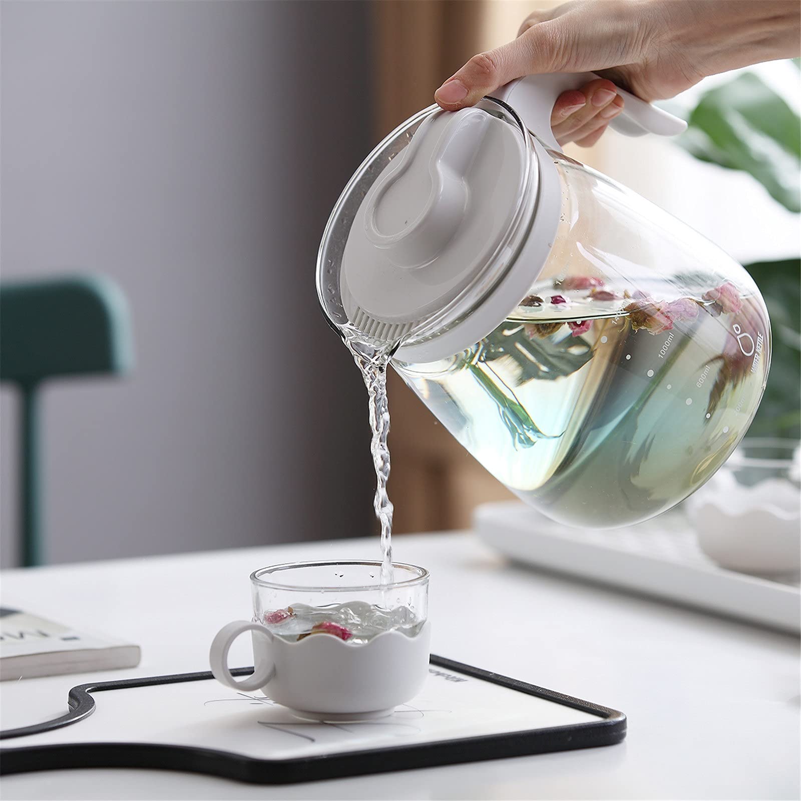 Jarra de Agua Transparente para Nevera, Jarra de Agua de Vidrio, Jarra de Gran Capacidad, Tetera con Tapa para Limonada y té Helado.(Blanco 2 litros)