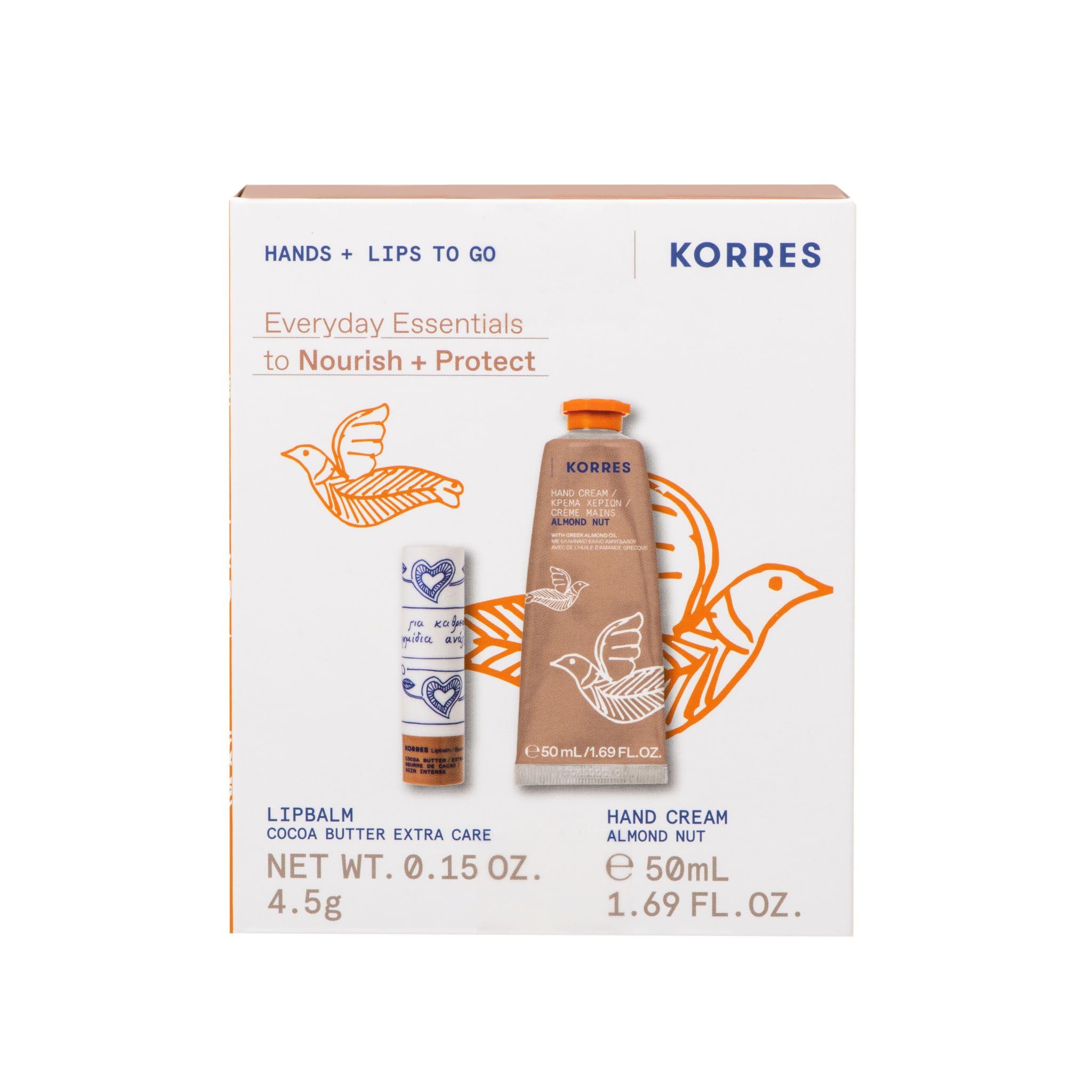 KORRES Everyday Essentials Hand and Lip Care Set, Almond Nut Hand Cream & Cocoa Butter Lip Balm, Gift Set for Women, Silicone & Paraben-Free, 50 ml + 4.5 g