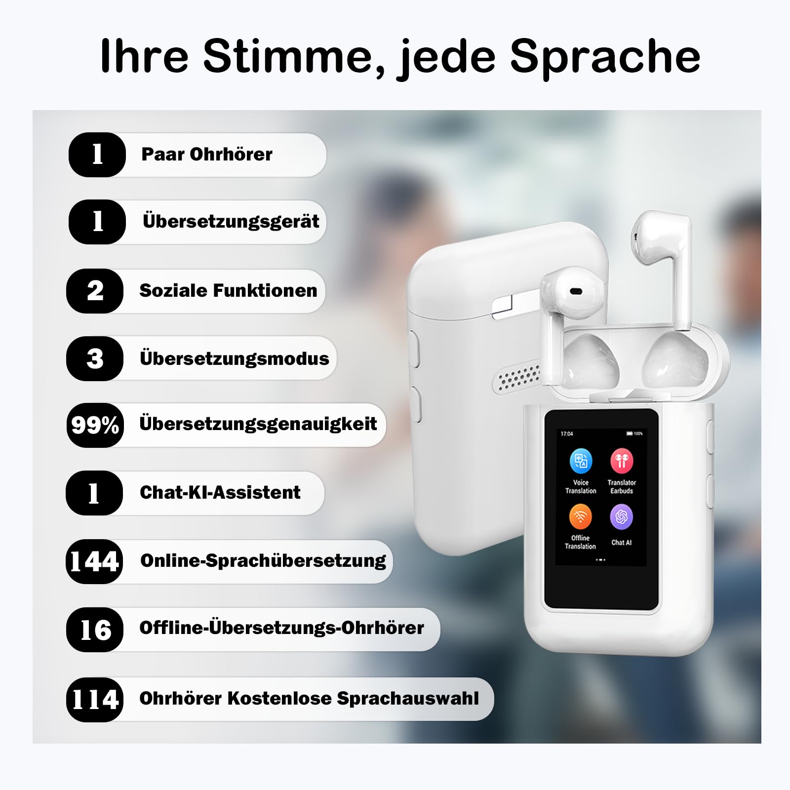 KI 2-in-1 Übersetzer kopfhörer, 16 Sprachen beliebig gegenseitig offline übersetzen ohne App/WLAN, Übersetzer mit 144 Online-Sprachen, A8 Übersetzer für Reisen/Business