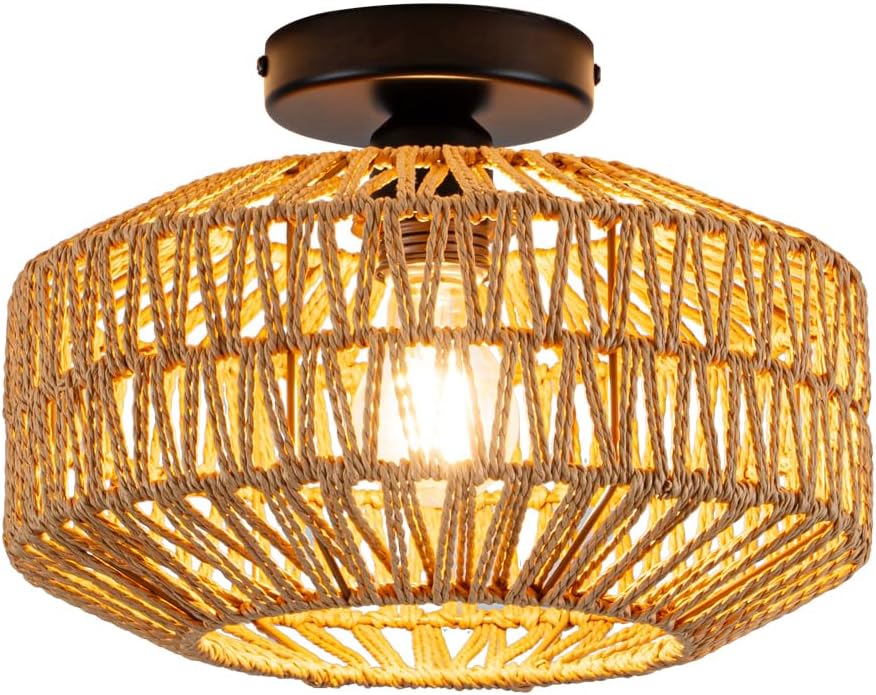 Rattan Boho Ceiling Light Fixture,Bohemian Woven Flush Mount Ceiling Light, Boho Chandelier Light Fixture Flush Mount for Hallway, Bedroom, Kitchen, Living Room, Entryway E26 1 Light