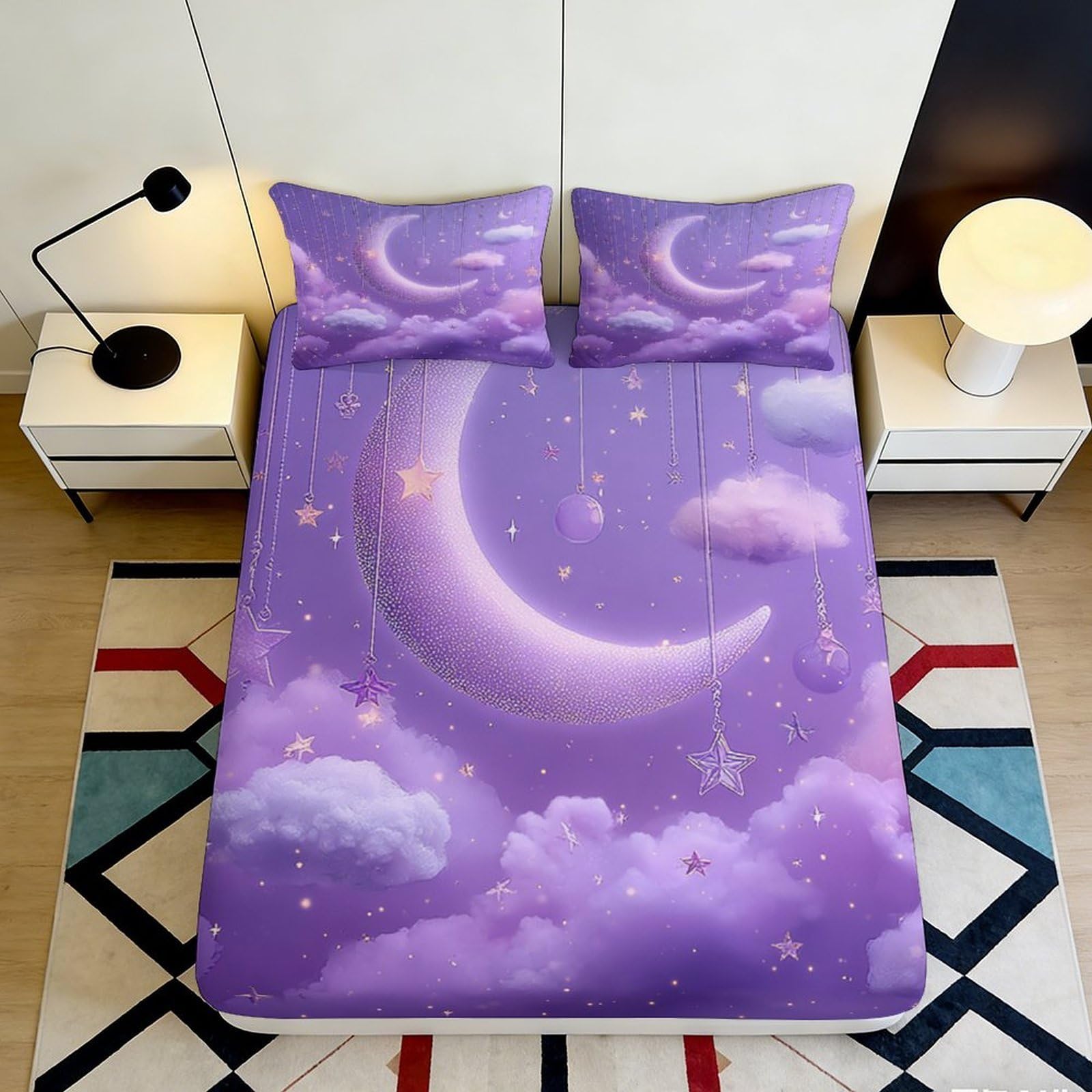 3D Printed Moon Dream Sky Fitted Sheet Microfiber Soft Purple Cloud Star Mattress Cover for Bedroom Home Decor 90x200x25cm