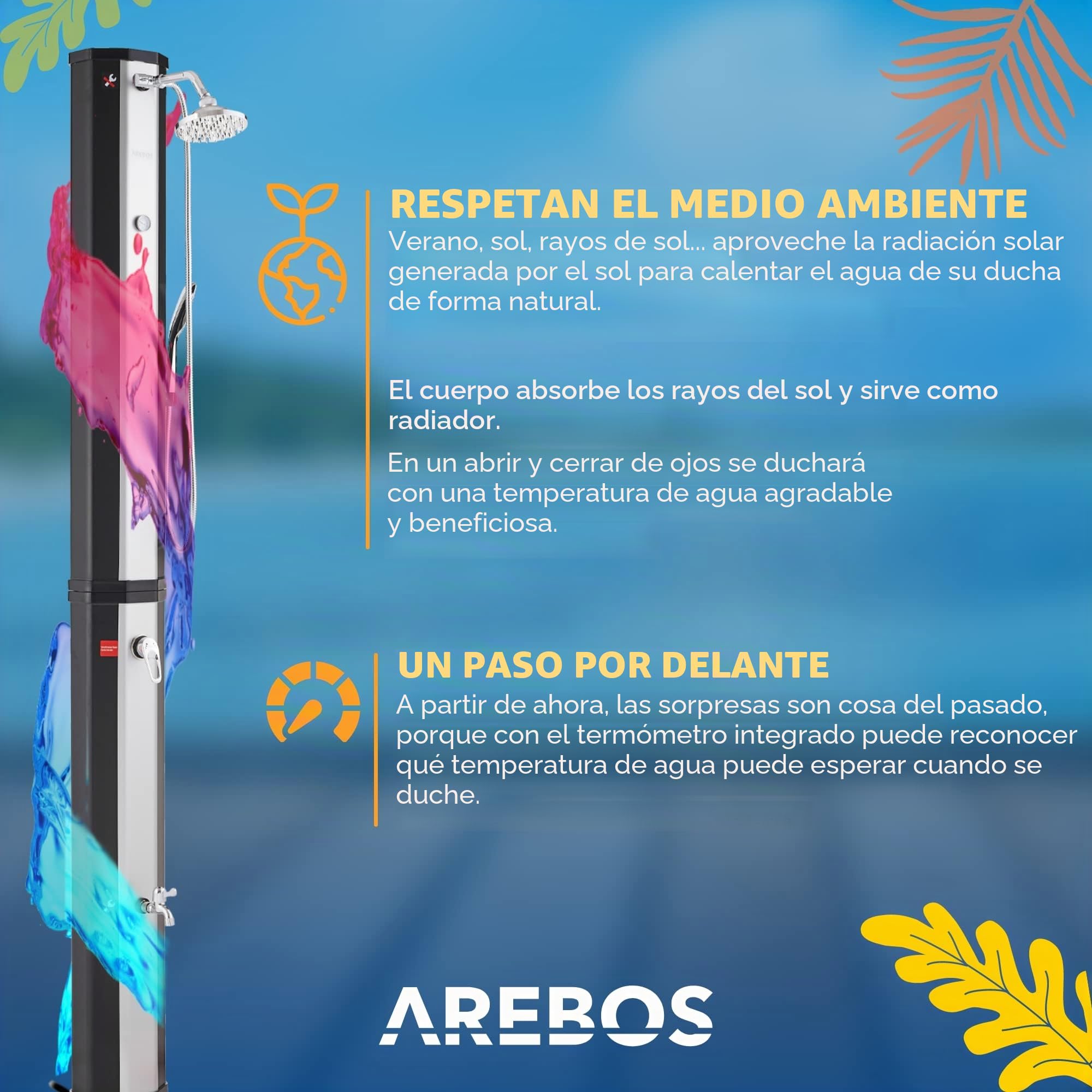 Arebos Ducha Solar de 60 l, con Ducha de Mano y termómetro, Temperatura del Agua hasta 60 °C, Ducha de Piscina para Camping, Cabezal de Ducha Redondo, tecnología Snap-in, Incluye Cubierta