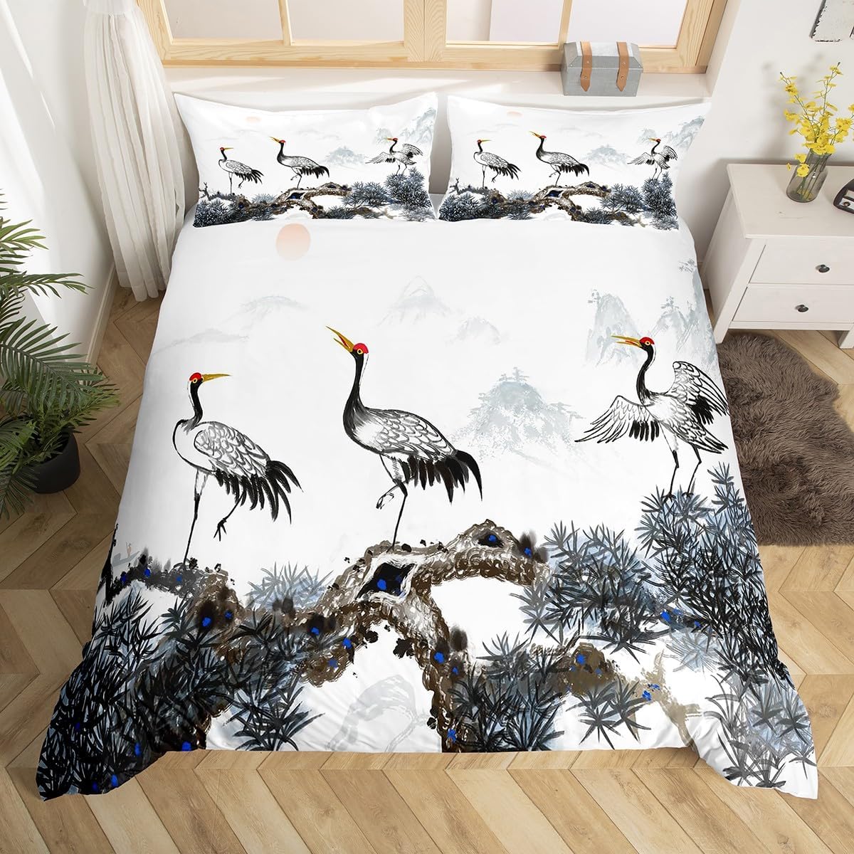 Homewish Japanese-Style Bedding Sets Single Chic Crane Comforter Cover, Pine Tree Bed Set Animal Theme Duvet Cover, Natural Mountain Botanical Plant Quilt Cover Oriental Style Bedroom Decoration
