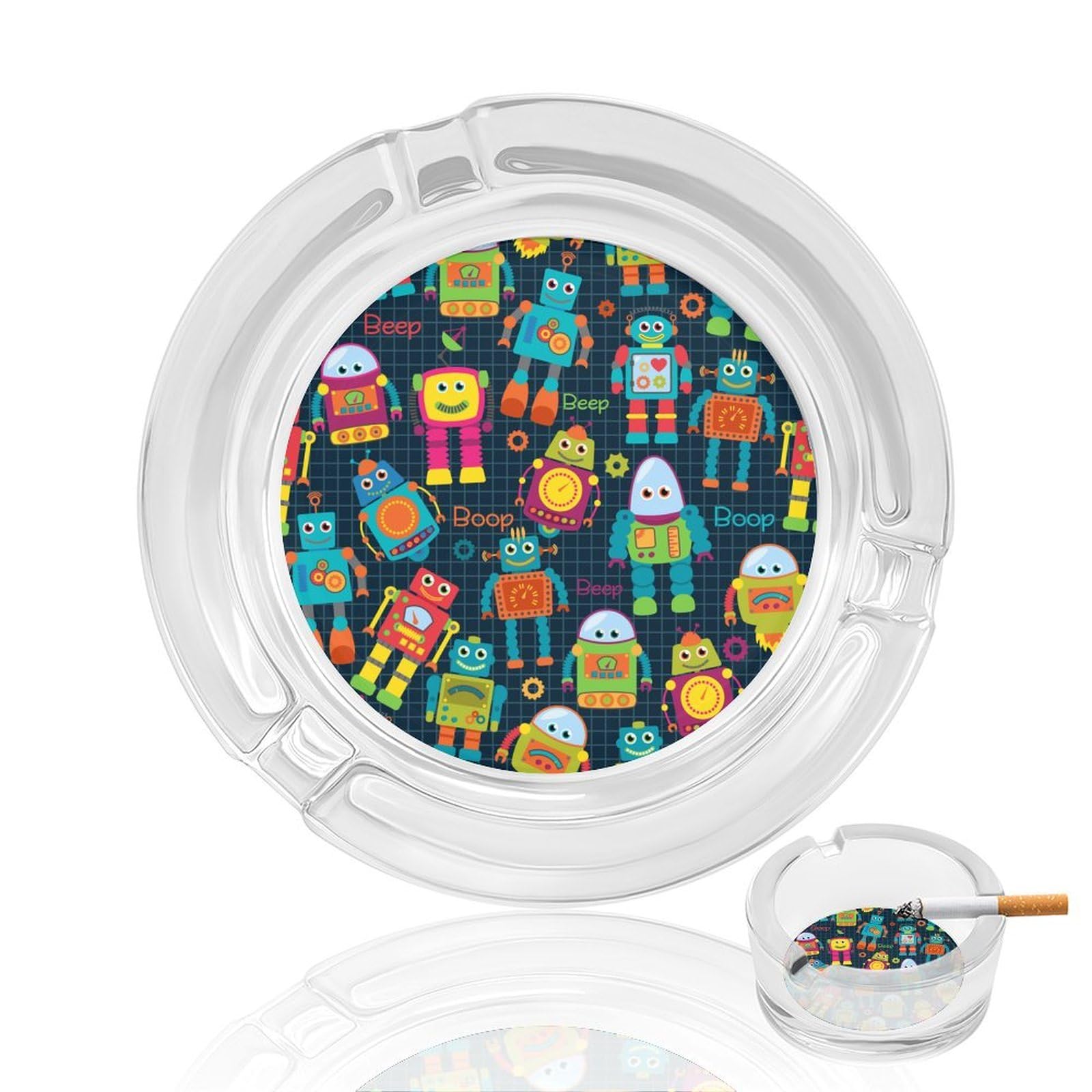 Cute Robots Ashtray Portable Round Glass Outdoor Ash Tray for Home Office Garden Pub