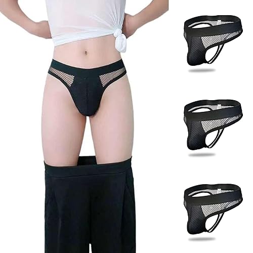 POPMOOD Men's Fishnet Thong Sissies G-String Sexy Low Rise Breathable Mesh - Medium - Black/Black/Black