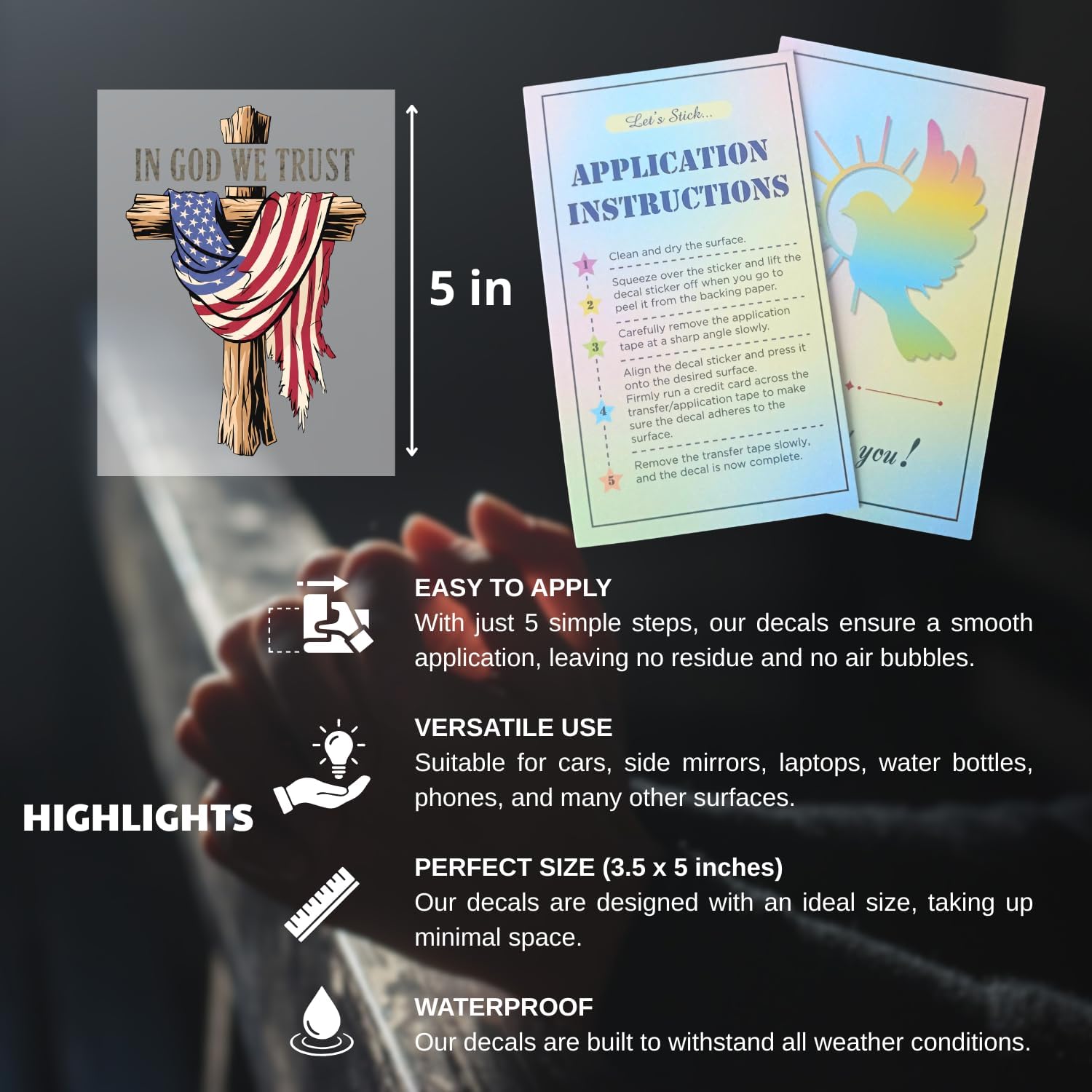 2 PCS in God We Trust Cross 5 inch Stickers for Window, Laptop, Bottle and Book, American Flag Christian Decal Stickers, Patriotic Cross Vinyl Decals for Cars and Trucks (0117)