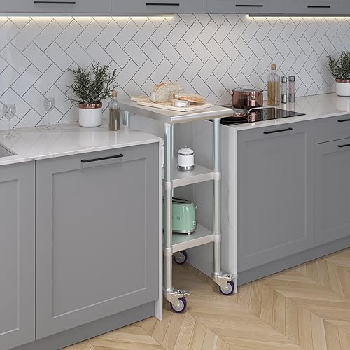 Miniatura 29 de AmGood Mesa de trabajo de acero inoxidable con 2 estantes y ruedas Mesa de trabajo de metal con ruedas