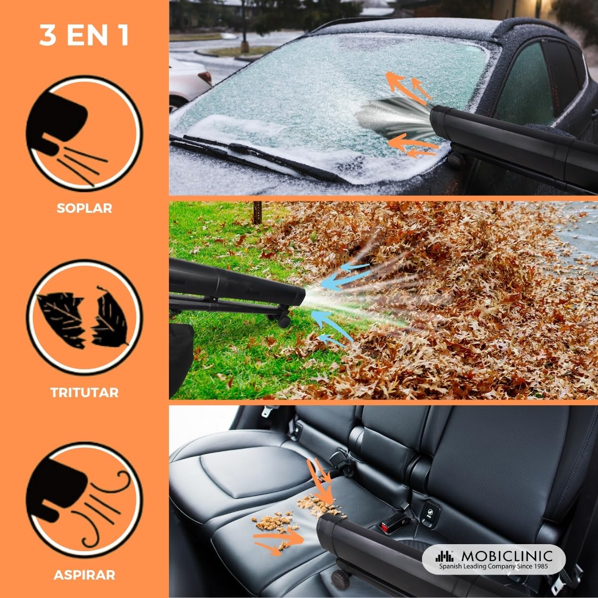 Mobiclinic®, Soplador de Hojas, Aspirador y Triturador de Hojas, 900W, 6 Velocidades, Mobiclean, 3 en 1, Ligero, 35L, Velocidad Soplado 270 km/h, para Jardín, 220V, Asa Hombro