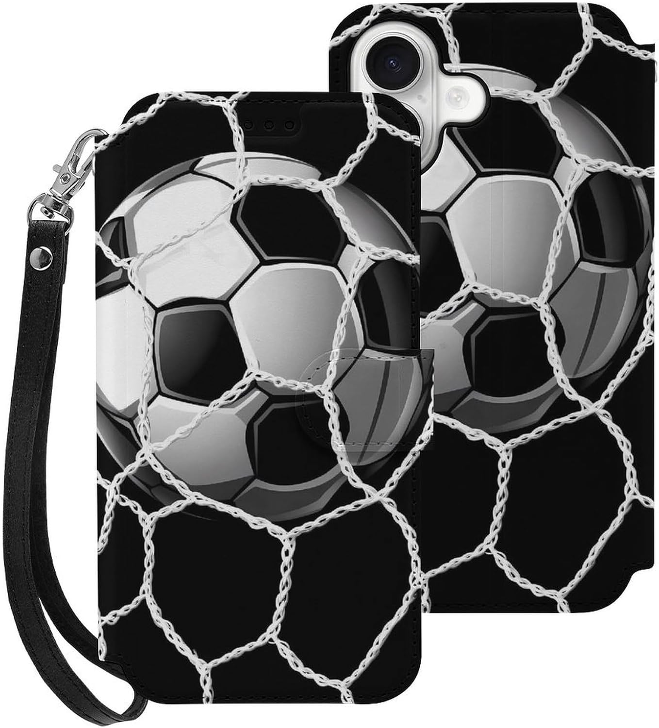 Soccer Ball Football Net Compatible with iPhone 16/16 Plus/16 Pro/16 Pro Max/16 E Case Phone Wallet Card Holder Flip Cover with Wrist Strap