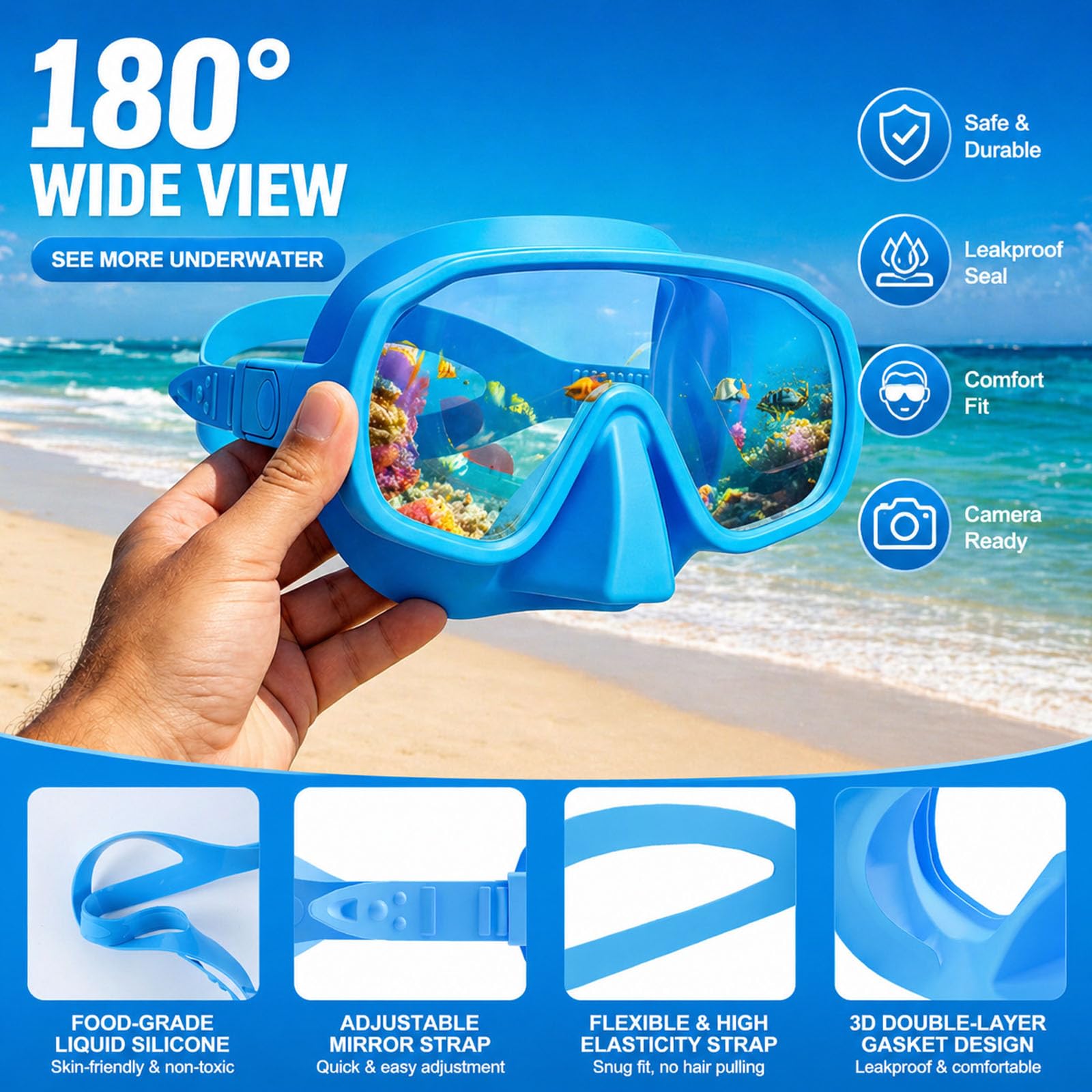 Ensemble de Snorkeling Pgtc pour Adultes, Masque de plongée sans Cadre avec Vue panoramique Ultra-Large, Verre trempé Anti-buée, équipement de plongée Portable avec Sac de Transport