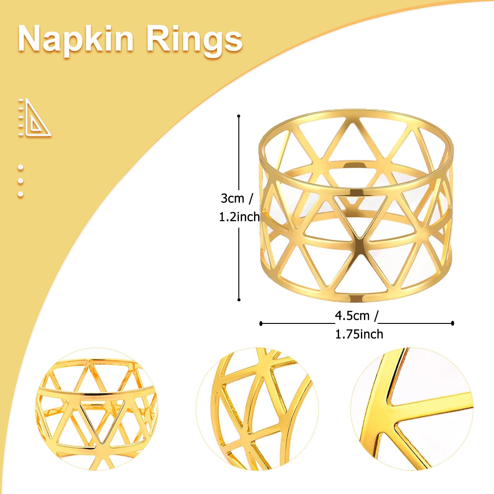 Elvielsl 12 Pcs Napkin Rings, Metal Napkin Ring Holders Gold Silver Hollow Triangle Table Napkin Rings Napkin Holder Buckles for Wedding Xmas Party Dinning Table Decoration (Gold, 12 Piece)
