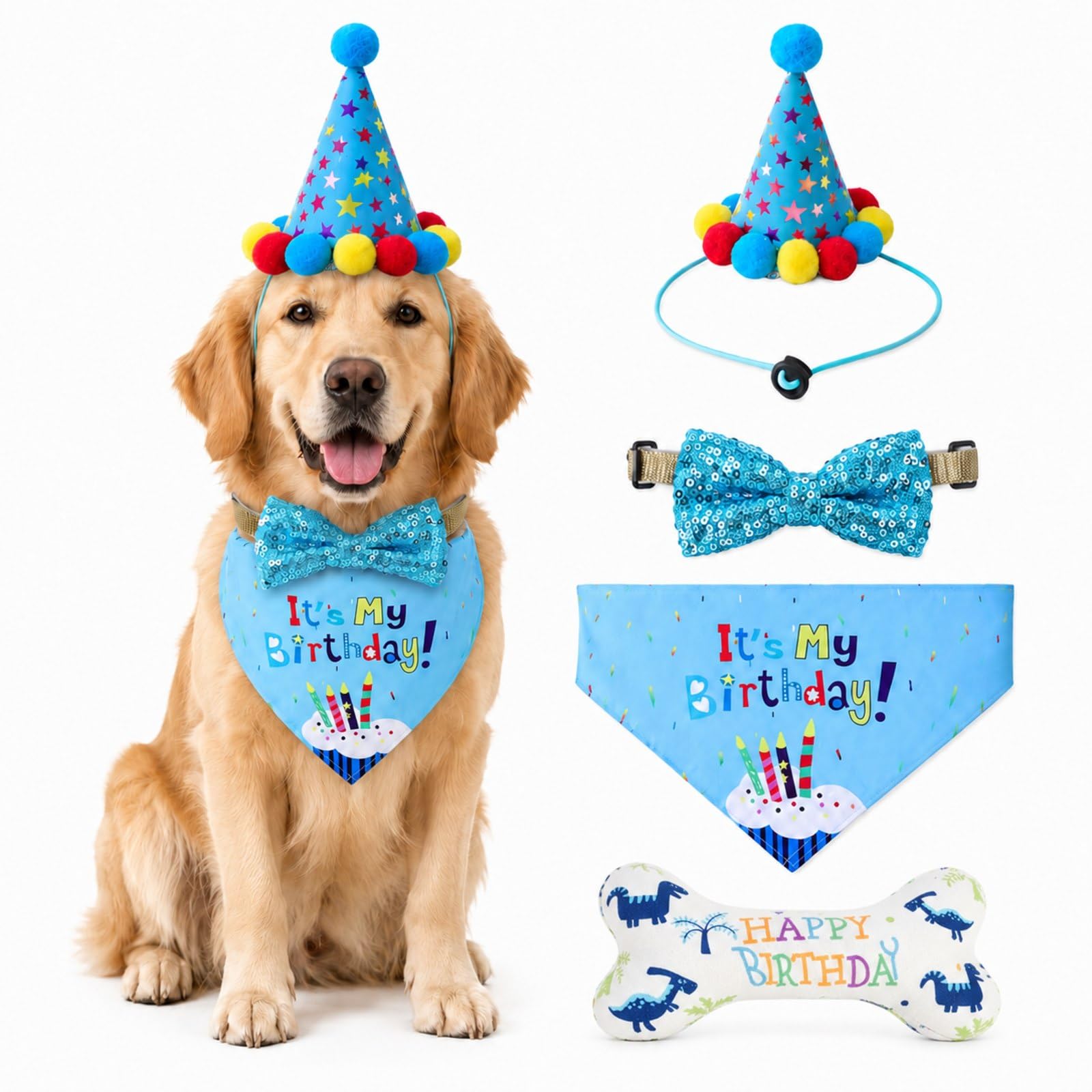 Buuraqq 4Pcs Blue Hat Bandana Bow Tie Bone, Dog Birthday Set