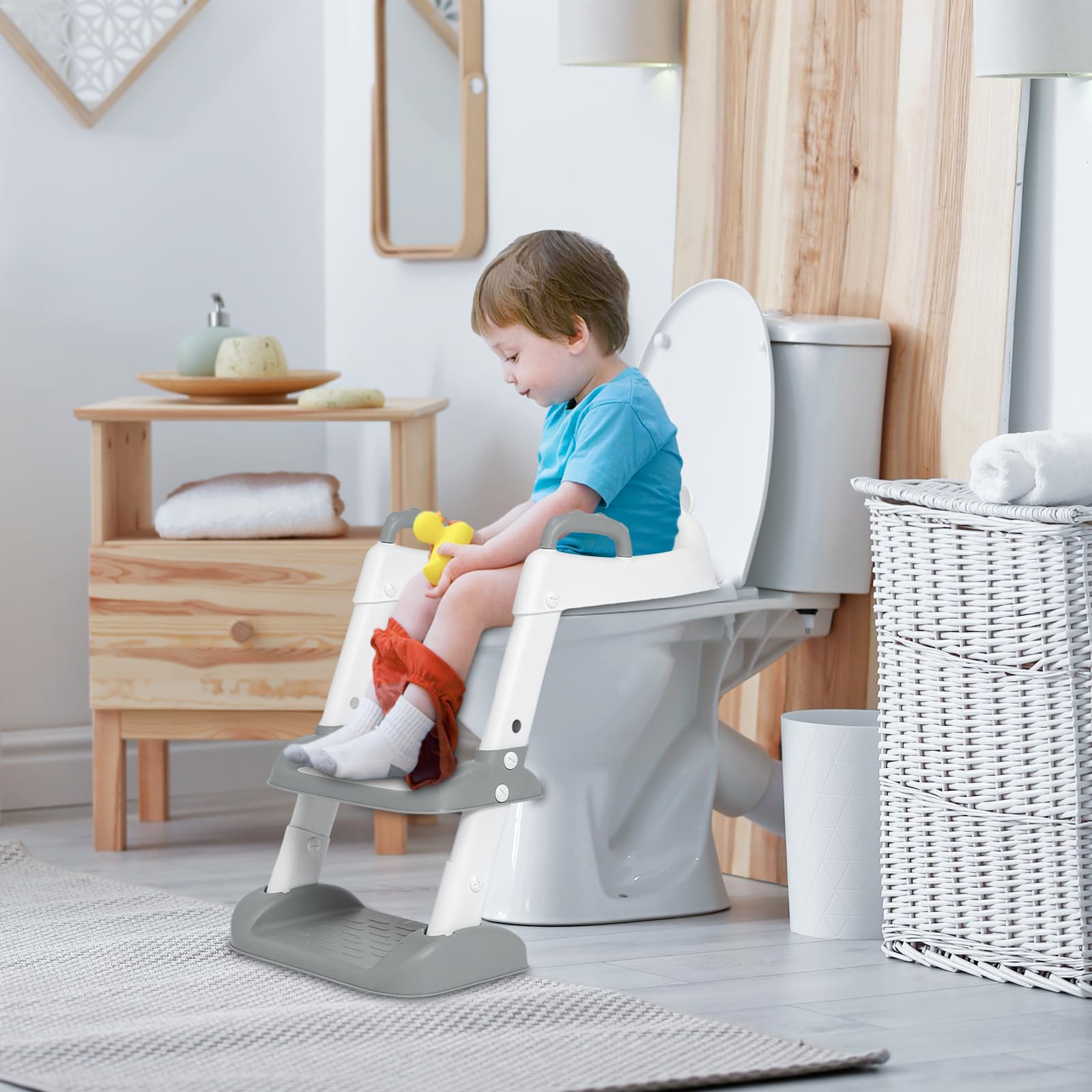 Riduttore WC Bambini, Scaletta WC per Bambini Pieghevole, Vasino Bambini con Scaletta, 2 in 1 Sedile WC con PU Morbida Seduta Adatto per Imbottita maschi e femmine Tazze WC a V, U, O (Grigio)