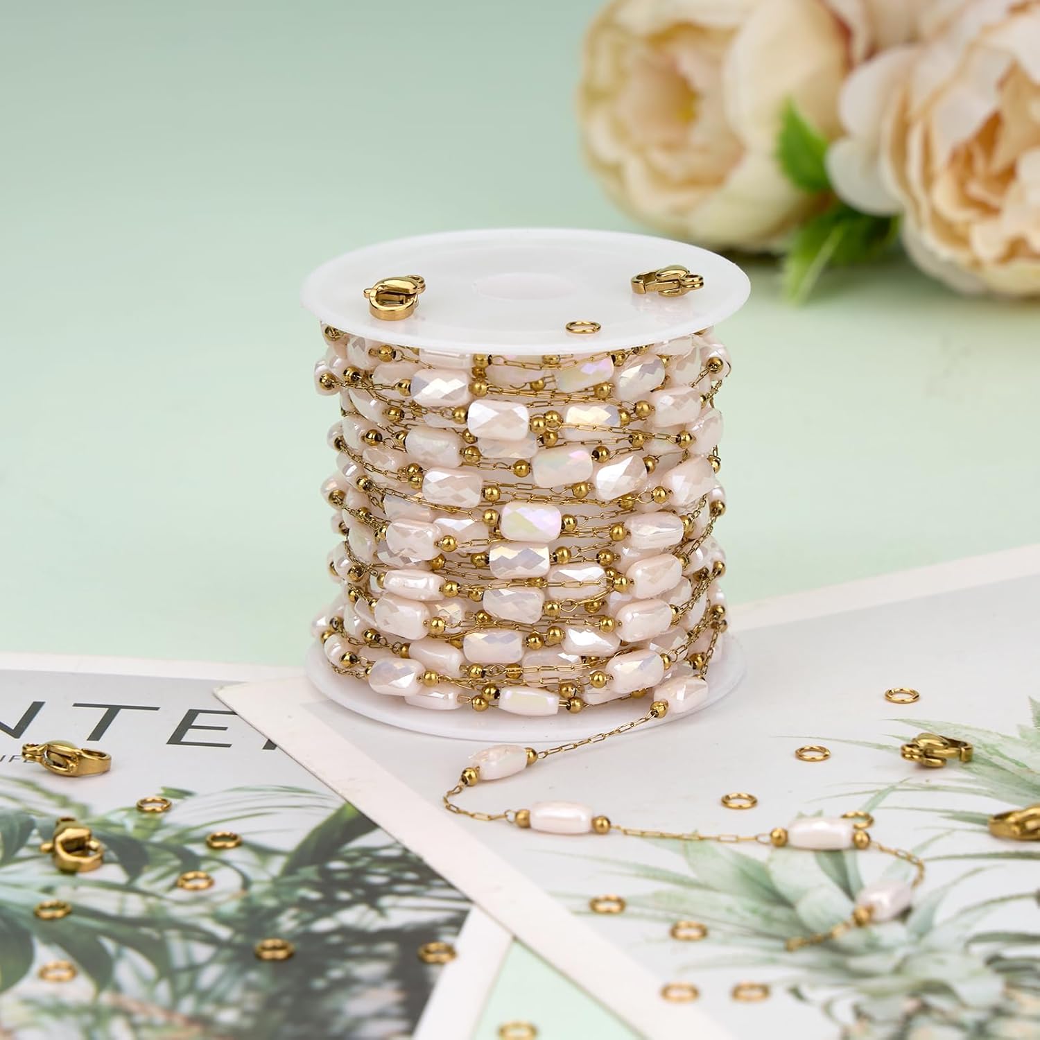 UMAOKANG 4 Meters Gold Plated Stainless Steel Jewelry Chain Roll Diamond Cut Beige Crystal Chains Bulk with Jump Rings Lobster Clasps - Image 6