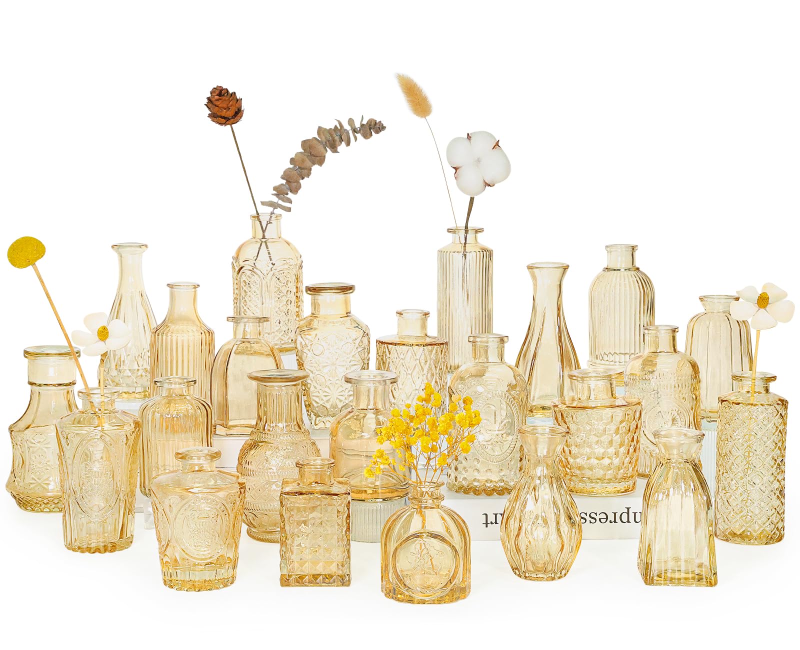 SUPMIND 24pcs Glass Bud Vase Set, Small Gold Amber Flower Vases for Centerpieces in Bulk, Mini Vintage Vase for Wedding, Home,Table Decoration