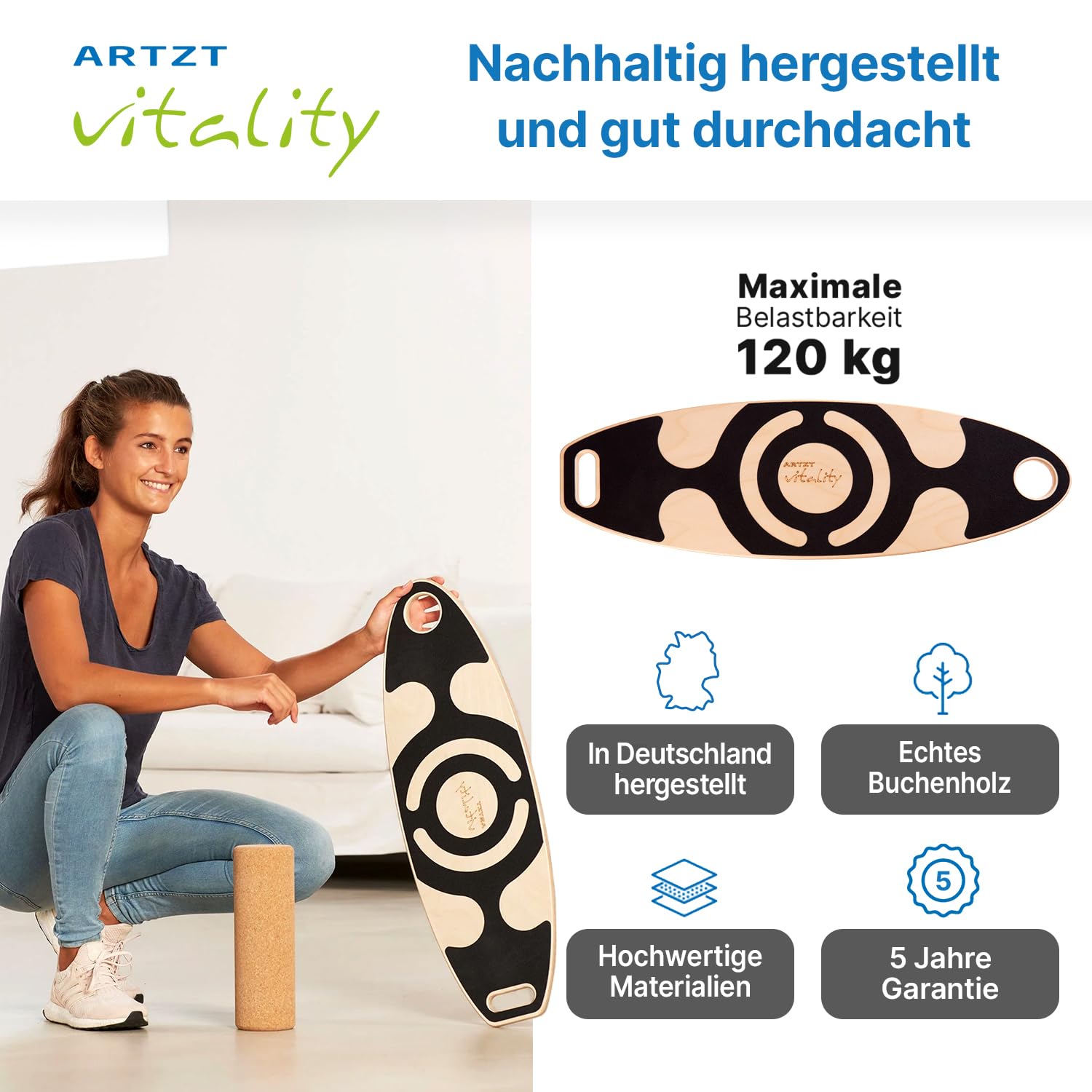 Balance Board mit Korkrolle | Gleichgewitchtsboard aus Holz bis 120kg für Koordinationstraining Gleichgewichtstraining Balance-Board Surfbrett Erwachsene | Made in EU Buche, 75 x 25 cm