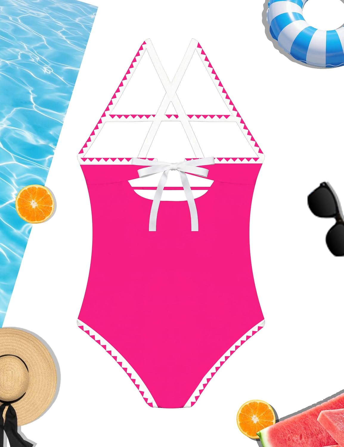 Girls One Piece Swimsuits Halterneck Color Block Contrast Trim Bathing Suit Back Cross Lace Up Swimwear