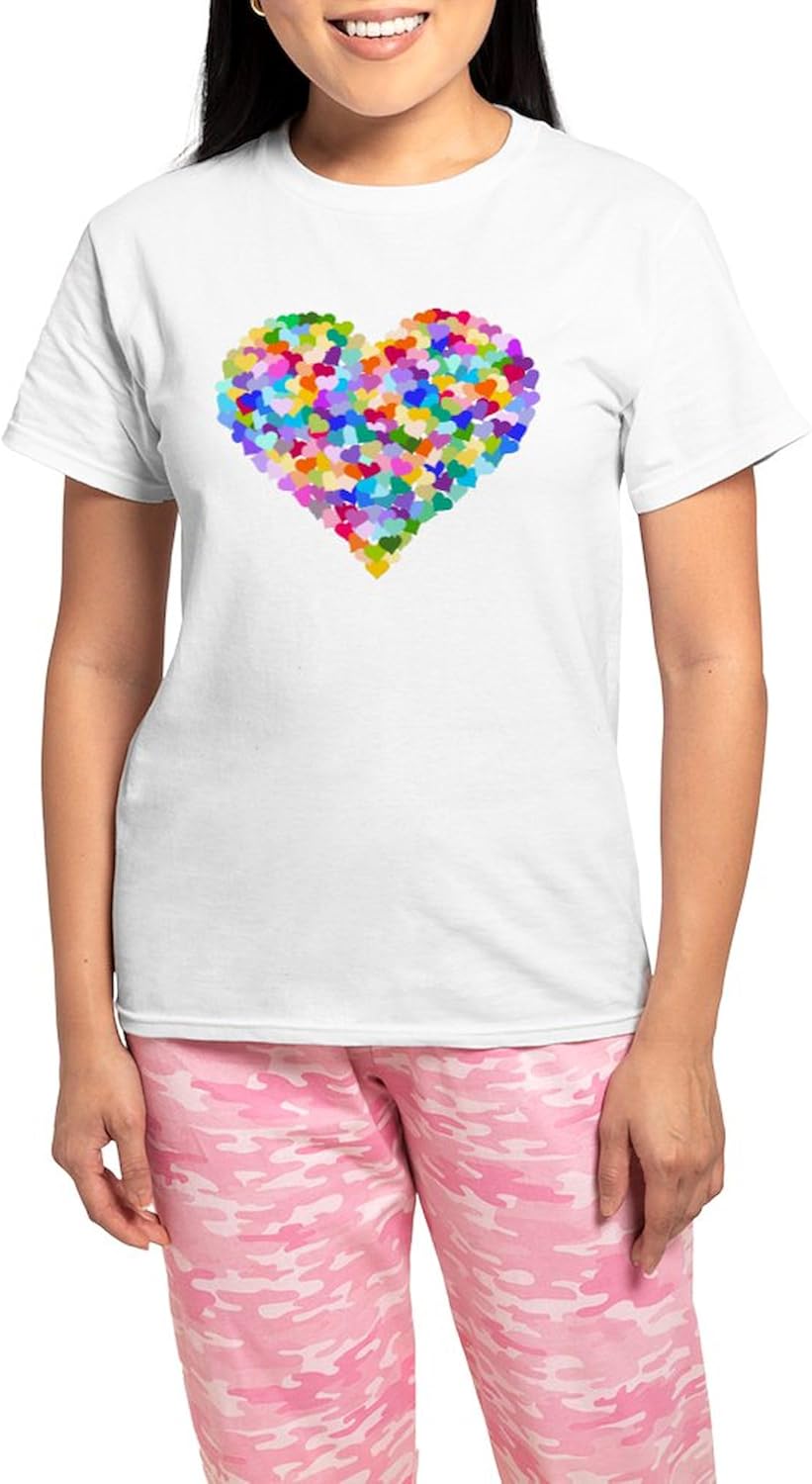 CafePress Rainbow Heart Of Hearts Women's Light Pajamas Women's Novelty Cotton Pajama Set, Comfortable PJ Sleepwear