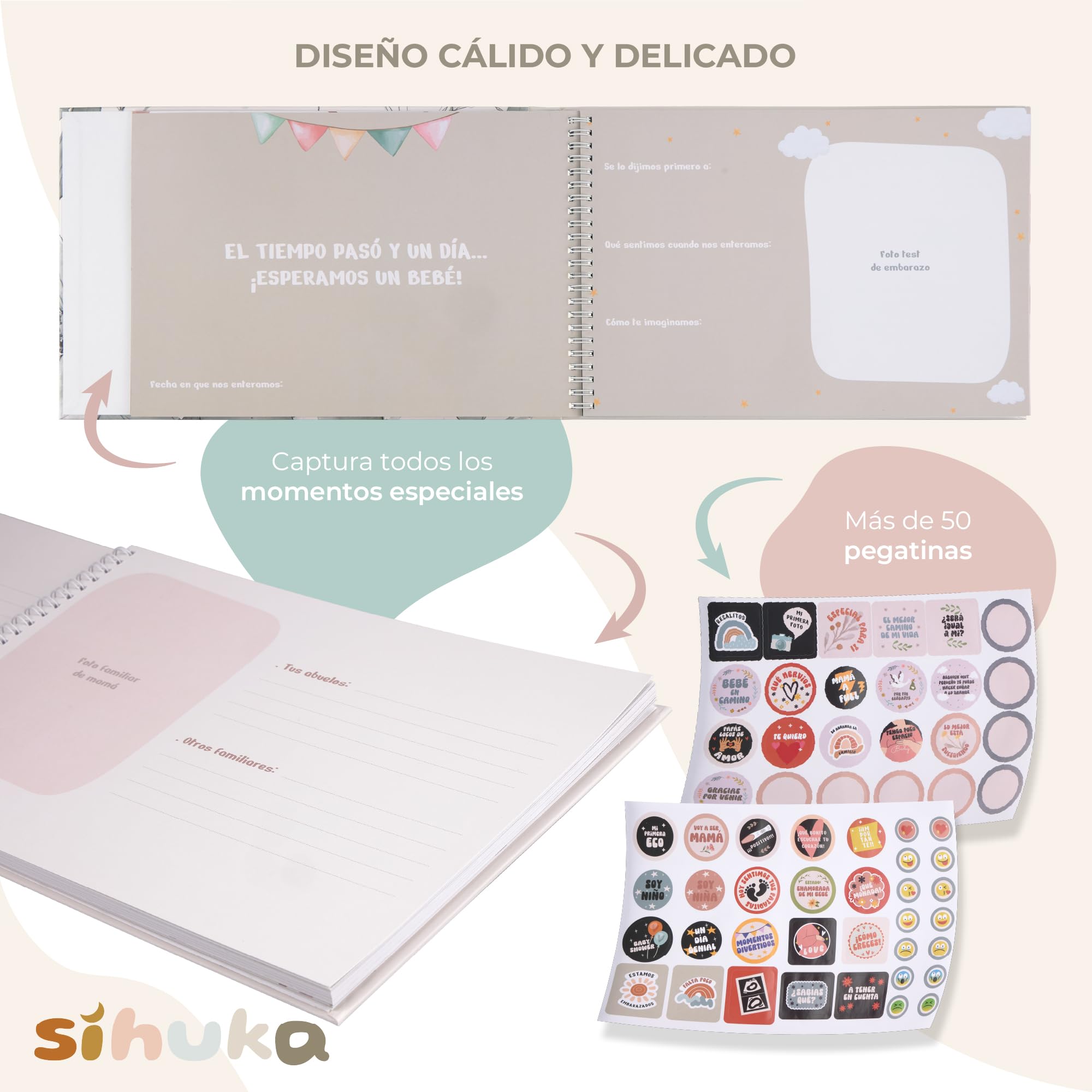 Diario Embarazo- Libro Embarazo- 60 Páginas para tu Álbum Embarazo con funda protectora, tapa dura, pegatinas y espacio para tus fotos y ecografías. El mejor regalo para embarazadas.