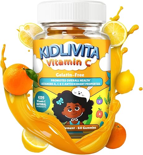 KIDLIVITA Gomitas de vitamina C para niños con sabor a naranja natural, suplemento de apoyo inmunológico masticable con A, C y E sin OMG, sin