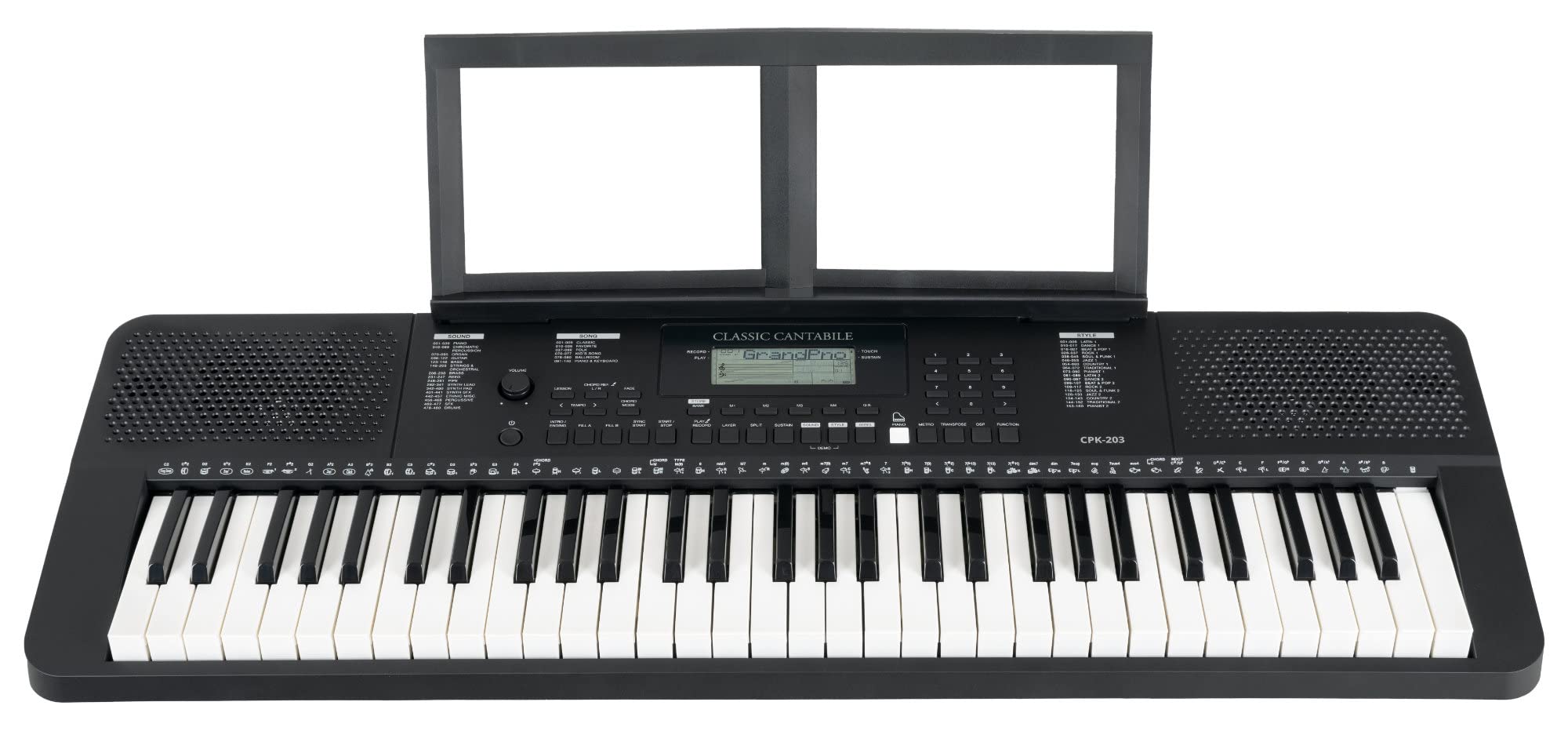 Classic Cantabile CPK-203 Keyboard, Polifonía de 64 notas, Voces: 480 | 61 teclas con respuesta táctil (3 niveles), Estilos: 160, Demos: 140, Canciones: 140, Tempo: 5-280 bpm, Función layer y split