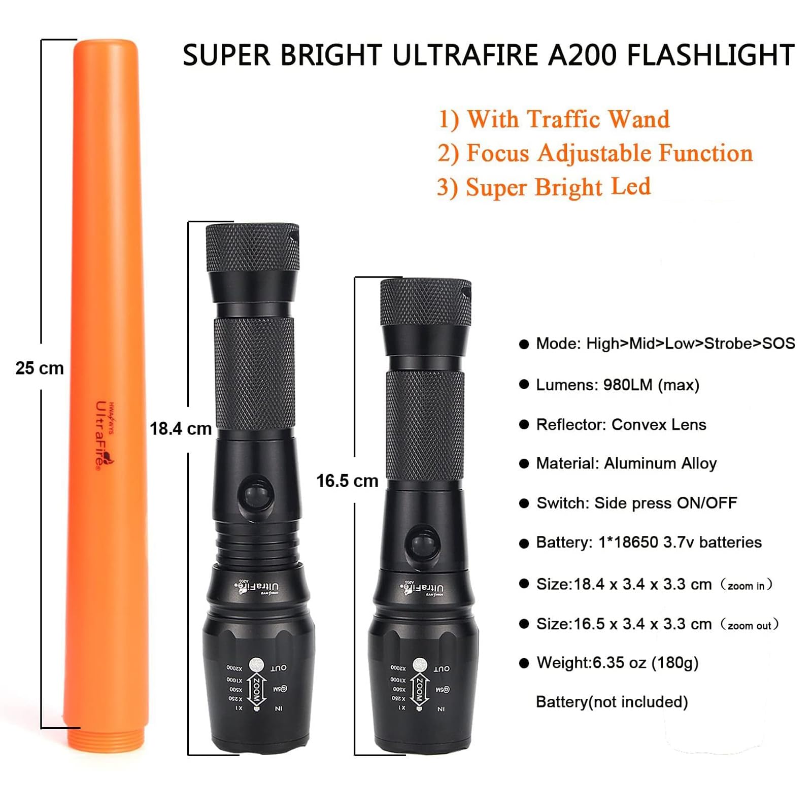 UltraFire Taktische Taschenlampe – 1350 Lumen, Zoombar, Wiederaufladbar, 6 Modi, IP64
