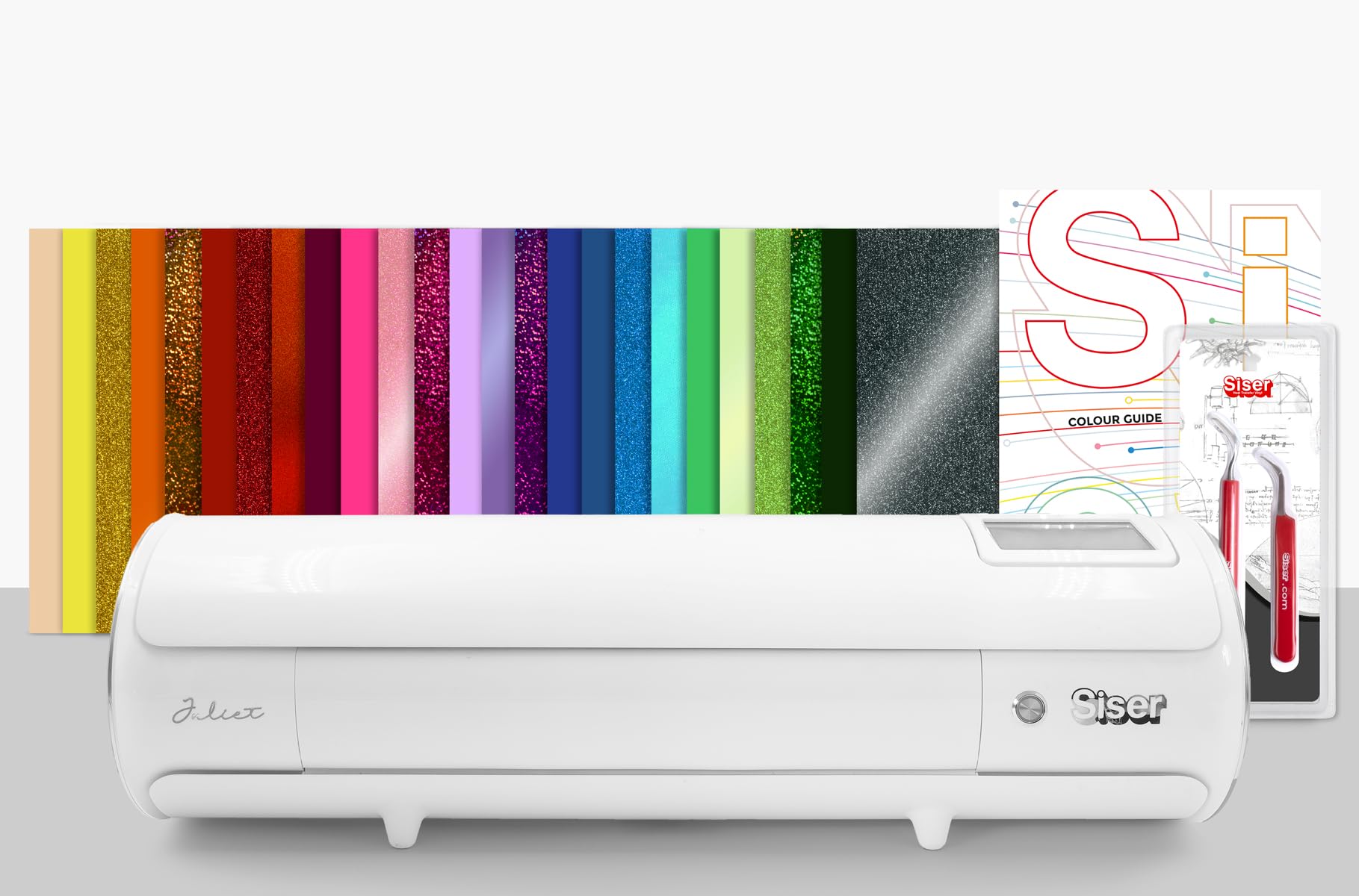 Siser Juliet® Regenbogen Paket – Professioneller Schneideplotter + 25 A4 Bogen Thermovinyl, Entgitterhaken, Pinzette und Farbkarten - Ideal geeignet für kreative Projekte auf Textilien und Karton