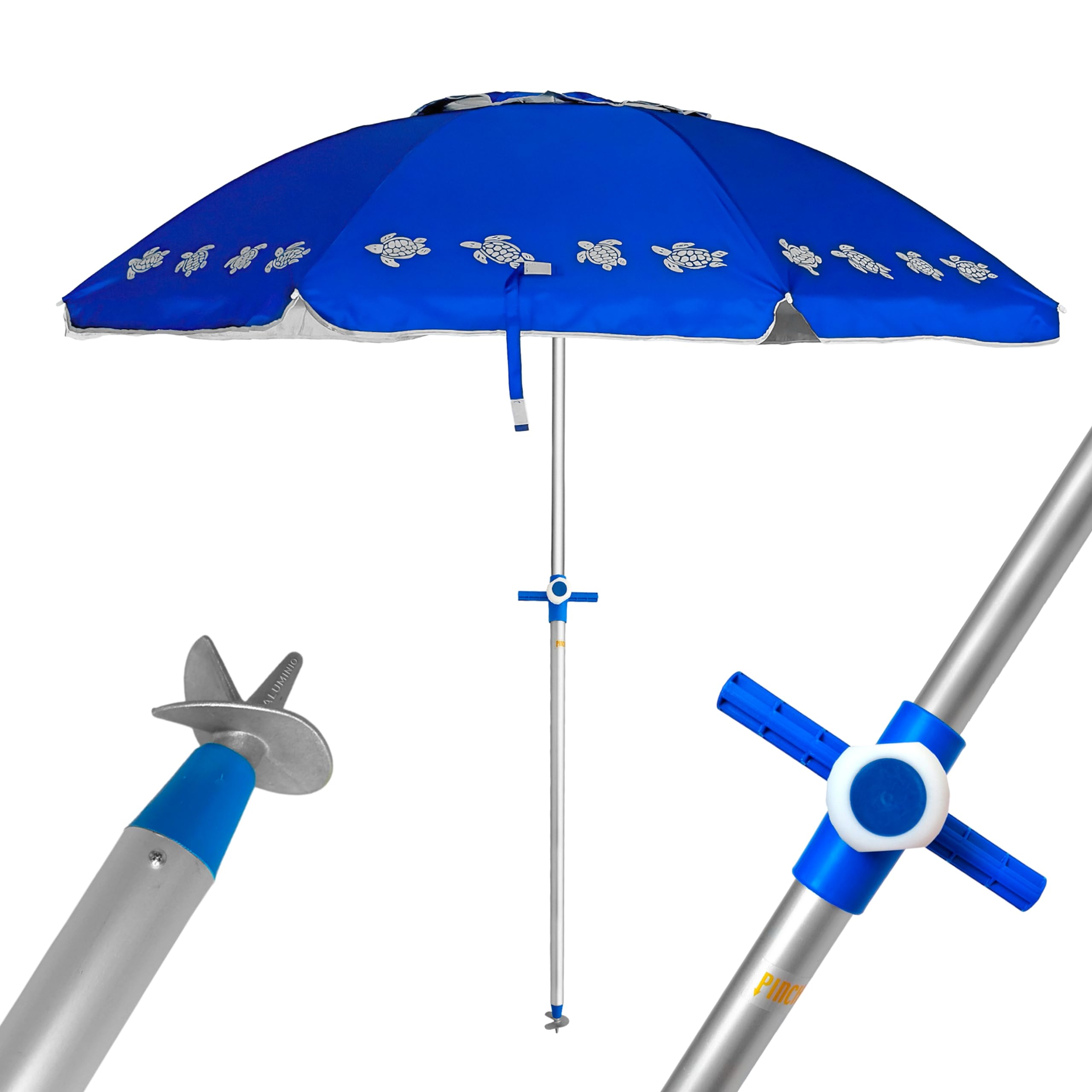Pincho Sombrilla Playa Grande Ø200 cm, antiviento, protección UV 50, Materiales de Calidad, Tubo de Aluminio, Varillas de Fibra de Vidrio, Palo reclinable