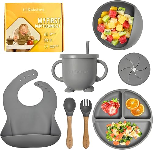 Li'l Rockstar Juego de alimentación de bebé de silicona 100% de grado alimenticio, suministros de destete para bebés, baberos de silicona para