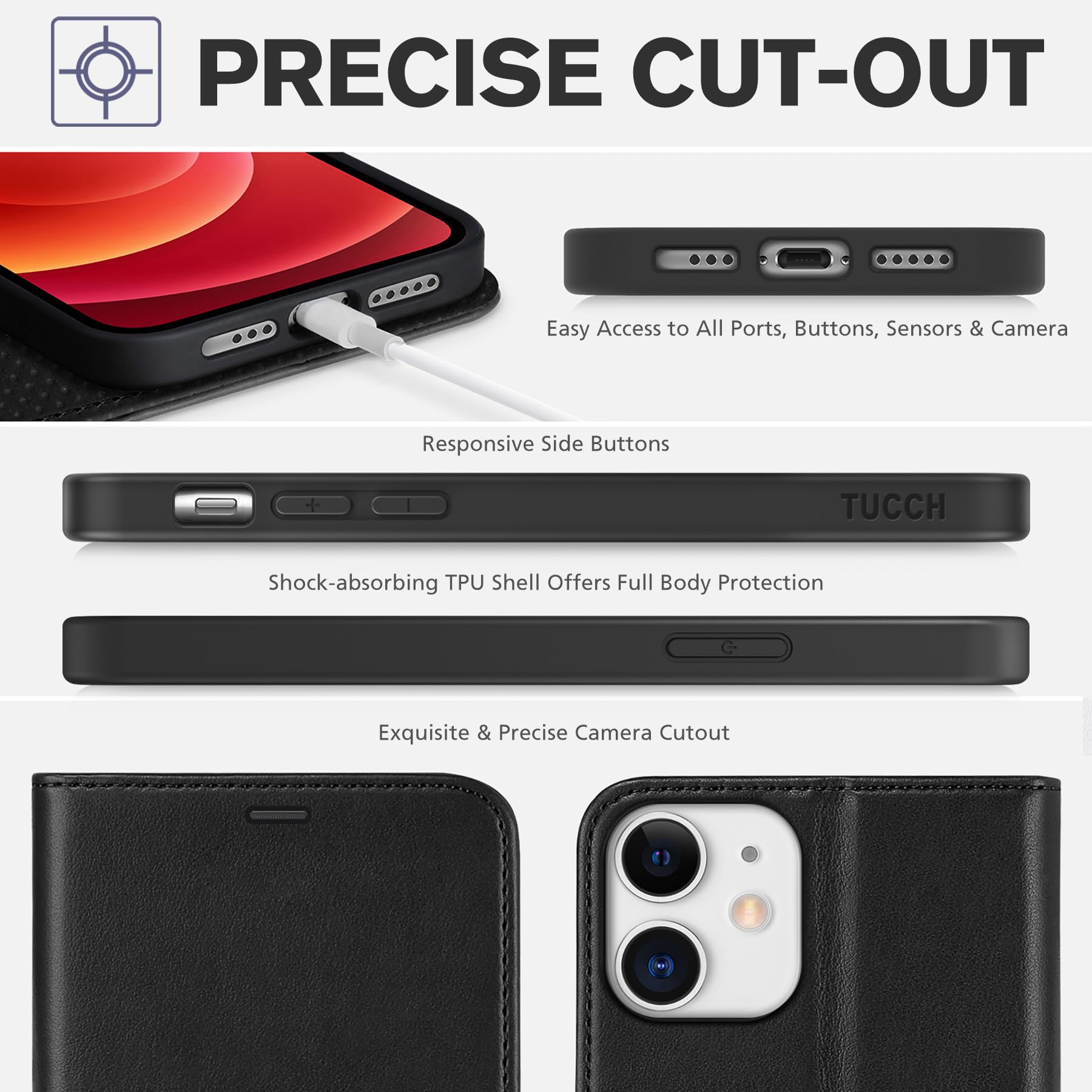 TUCCH Custodia per iPhone 12/12 Pro Cover Antiurto Pelle Sintetica Portafoglio Magnetica Flip con Chiusura RFID Blocco Tasca Carte Portacellulare Compatibile con iPhone 12/12 Pro (6,1" 2020), Nero