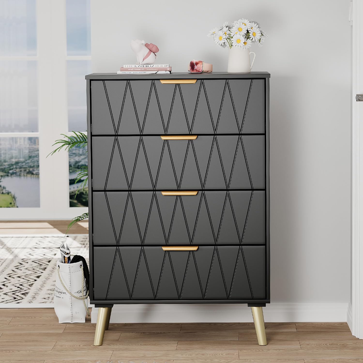 4 Drawer Dresser, Chest of Drawers, Modern Dresser with Storage, Organizer Unit for Bedroom, Living Room, Hallway, Entryway, Closet(Black)