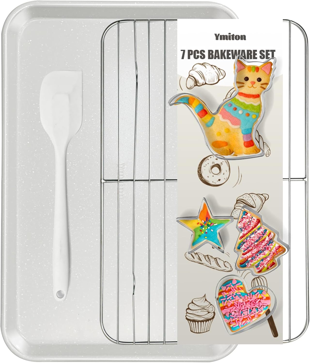 7PCS Nonstick Baking Sheet Set - 10x15in Jelly Roll Pan with Wire Rack, Silicone Spatula & 4 Cookie Cutters, Thickened Carbon Steel, Oven Safe 450°C, Salted Gray