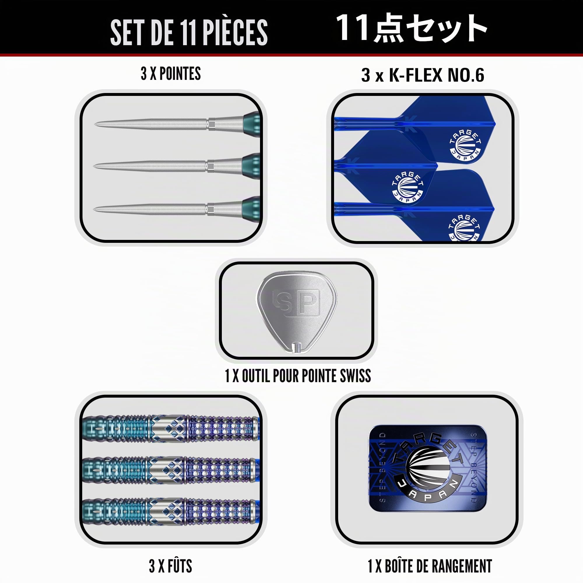 Target Japan Charis G5 Swiss Point à Pointe en Acier Fléchettes avec Kflex, 22G/24G | Jeu de Fléchettes 90% Tungstène, Ailettes et Tiges K-Flex, Storm Nano, Cathy Leung Gen 5, Blue K Flex Imprimé N° 6