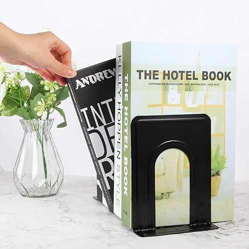 Miniatura 6 de Sujetalibros resistentes para estantes, base antideslizante, negro, ideal para biblioteca, oficina, hogar, escuela, 4 pares
