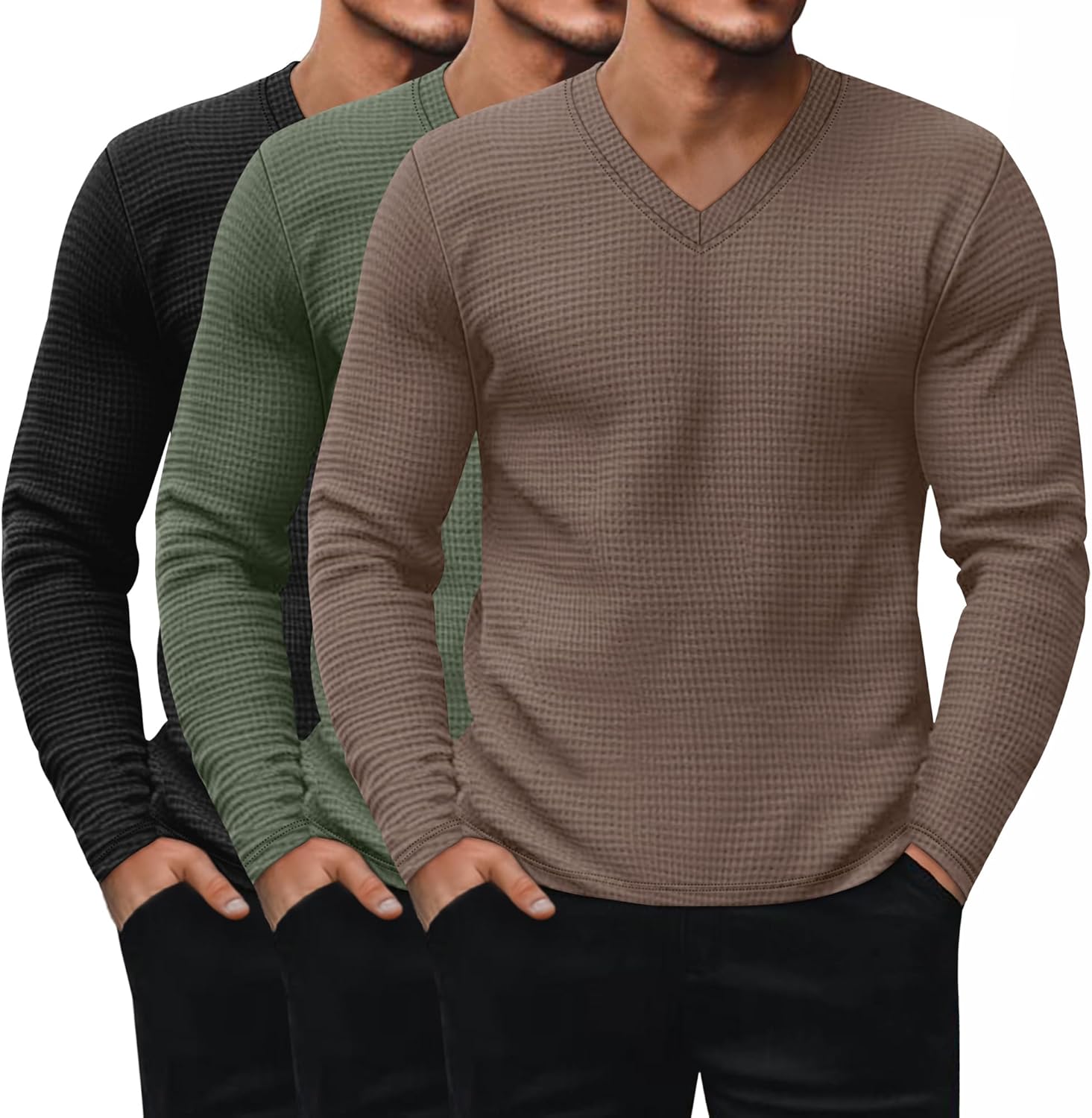 Ficerd 3 Pack Men's Waffle Thermal Long Sleeve Shirts V Neck Underwear Tops Casual Knit Undershirts Pullover Sweaters