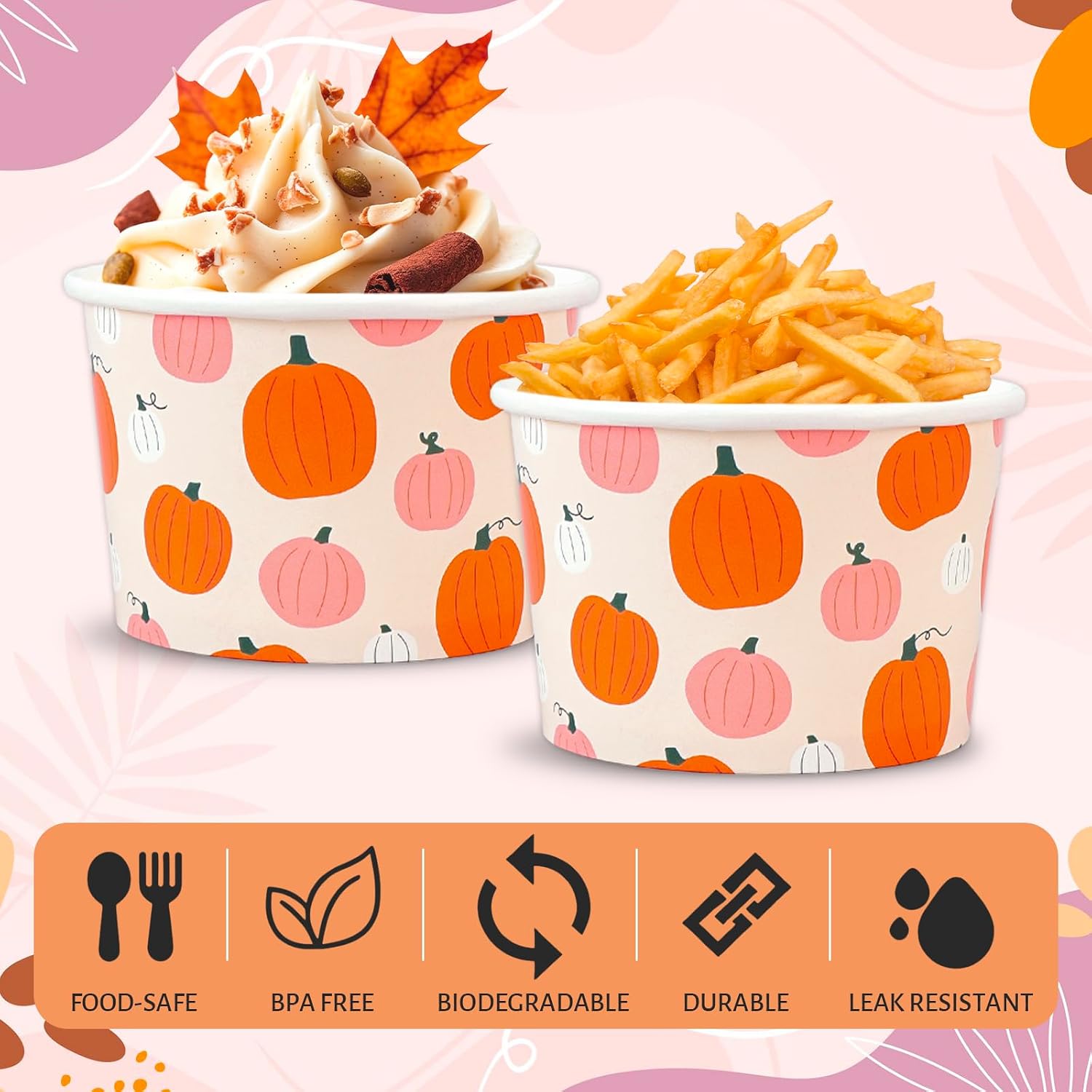Whaline 100 Pcs Fall Treat Snack Cups 9 Oz Pink Orange Pumpkin Ice Cream Cups Disposable Dessert Paper Bowls for Sundae Frozen Hot Cold Soup Thanksgiving Autumn Harvest Party Food Supplies image 3